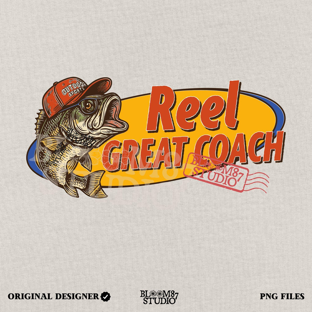 Vintage illustration of a largemouth bass wearing a red outdoor cap with the phrase “Reel Great Coach” in bold orange and yellow lettering, designed for sublimation on gifts and shirts.