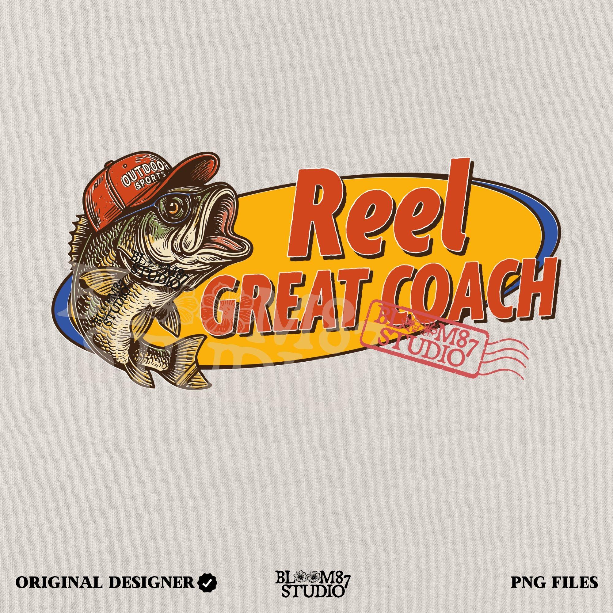 Vintage illustration of a largemouth bass wearing a red outdoor cap with the phrase “Reel Great Coach” in bold orange and yellow lettering, designed for sublimation on gifts and shirts.