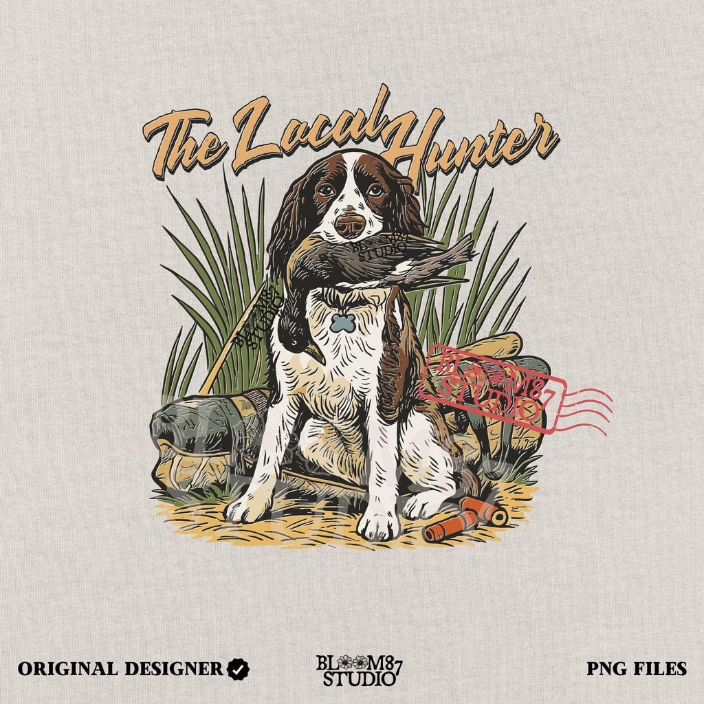 Vintage illustration of a Springer Spaniel hunting dog holding a duck in its mouth with grass, ammo, and hunting gear around, and the phrase “The Local Hunter” above.