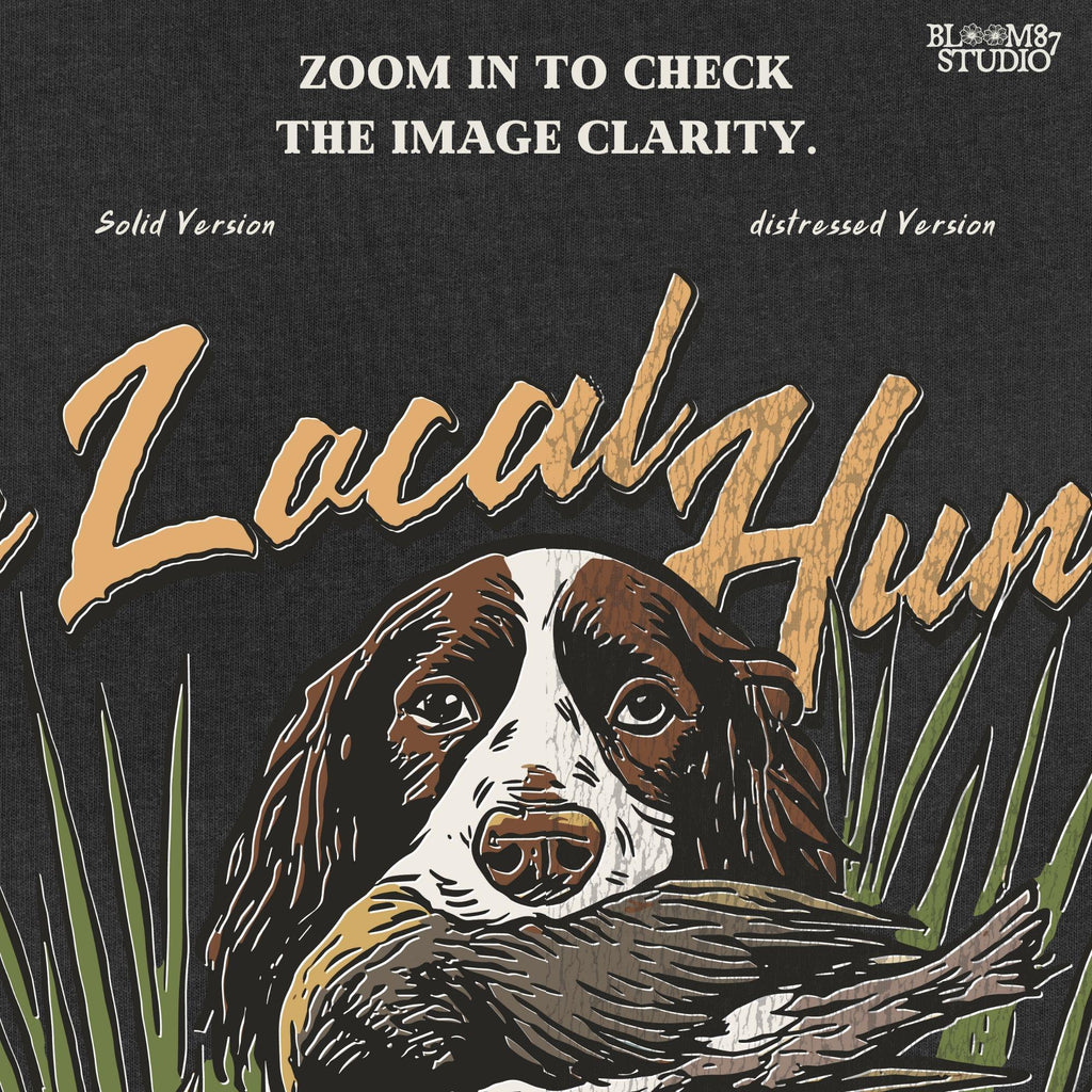 Vintage illustration of a Springer Spaniel hunting dog holding a duck in its mouth with grass, ammo, and hunting gear around, and the phrase “The Local Hunter” above.