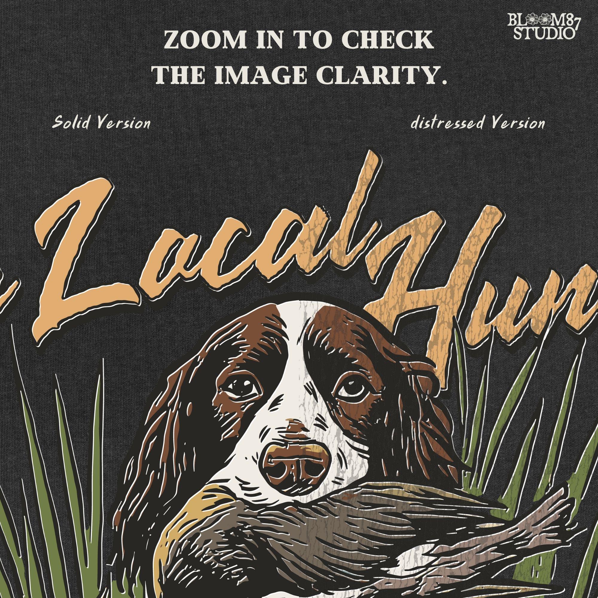 Vintage illustration of a Springer Spaniel hunting dog holding a duck in its mouth with grass, ammo, and hunting gear around, and the phrase “The Local Hunter” above.