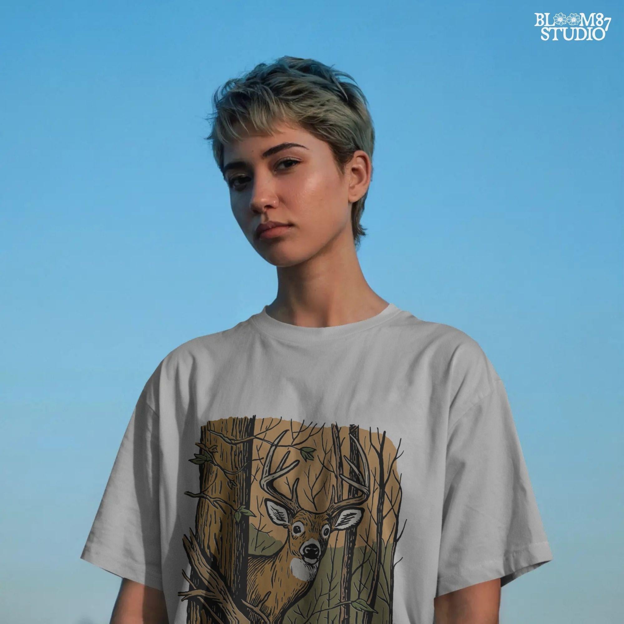Vintage-style illustration of a buck deer peeking from behind a tree in a forest, designed for hunting season or rustic wildlife sublimation projects.
