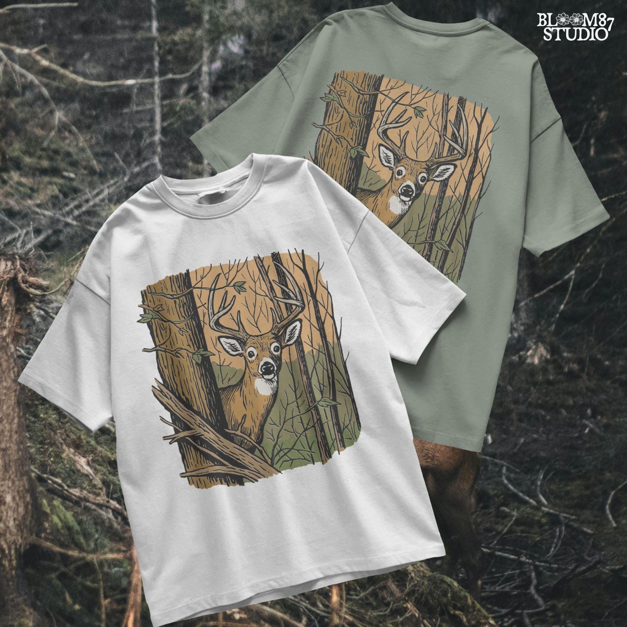 Vintage-style illustration of a buck deer peeking from behind a tree in a forest, designed for hunting season or rustic wildlife sublimation projects.