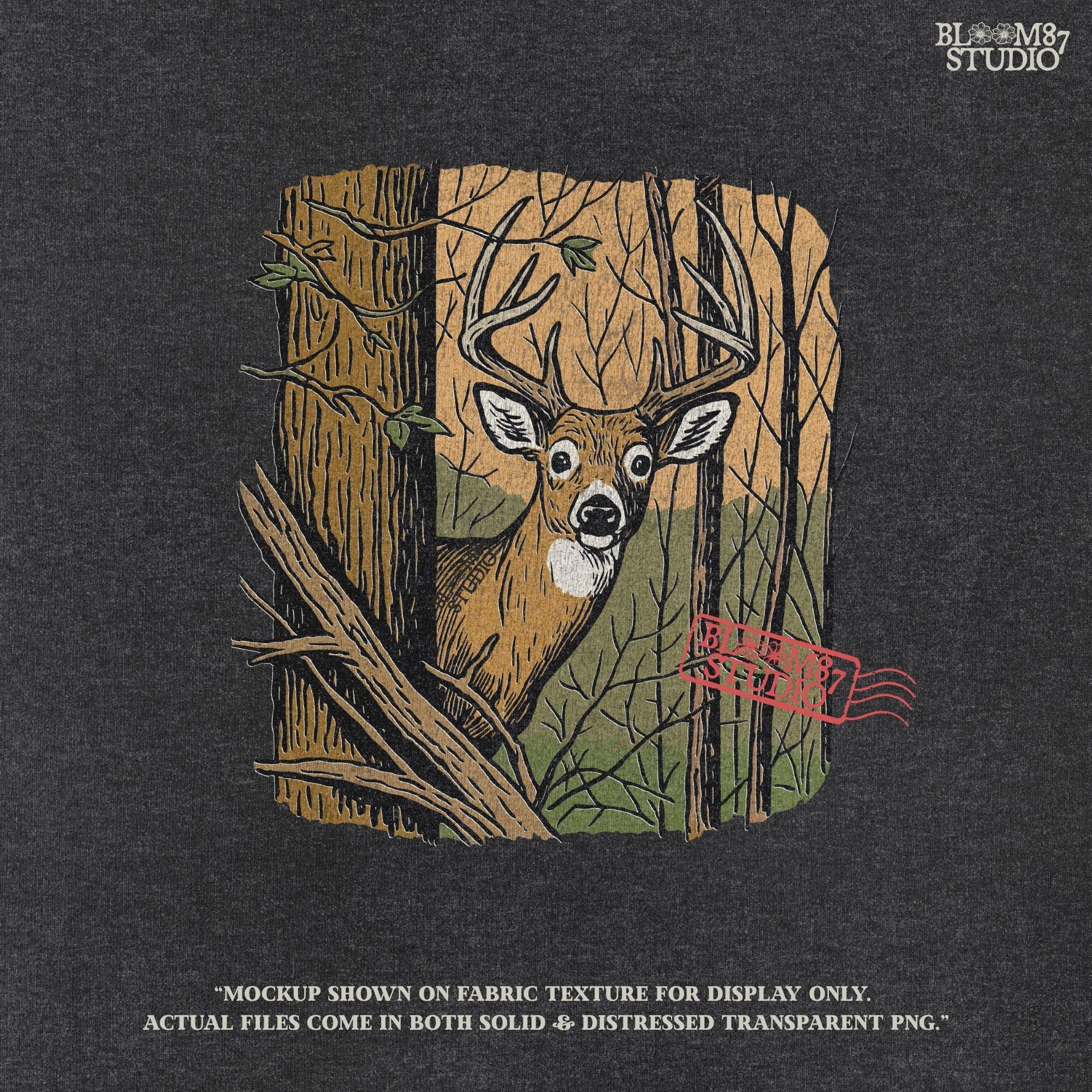 Vintage-style illustration of a buck deer peeking from behind a tree in a forest, designed for hunting season or rustic wildlife sublimation projects.