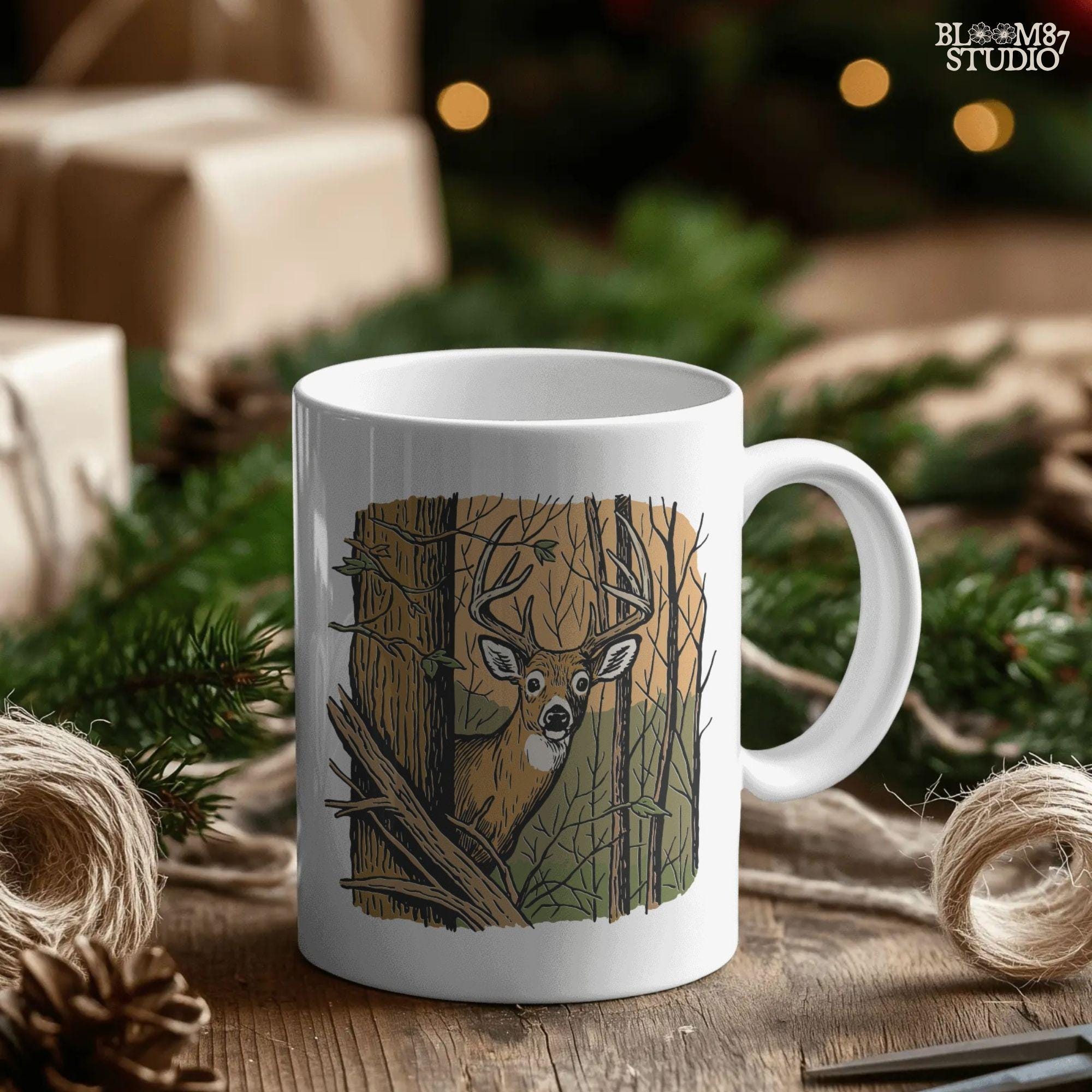 Vintage-style illustration of a buck deer peeking from behind a tree in a forest, designed for hunting season or rustic wildlife sublimation projects.