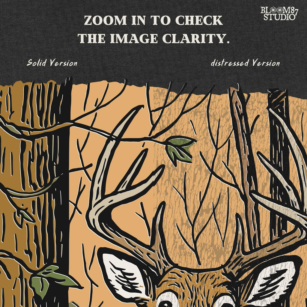 Vintage-style illustration of a buck deer peeking from behind a tree in a forest, designed for hunting season or rustic wildlife sublimation projects.