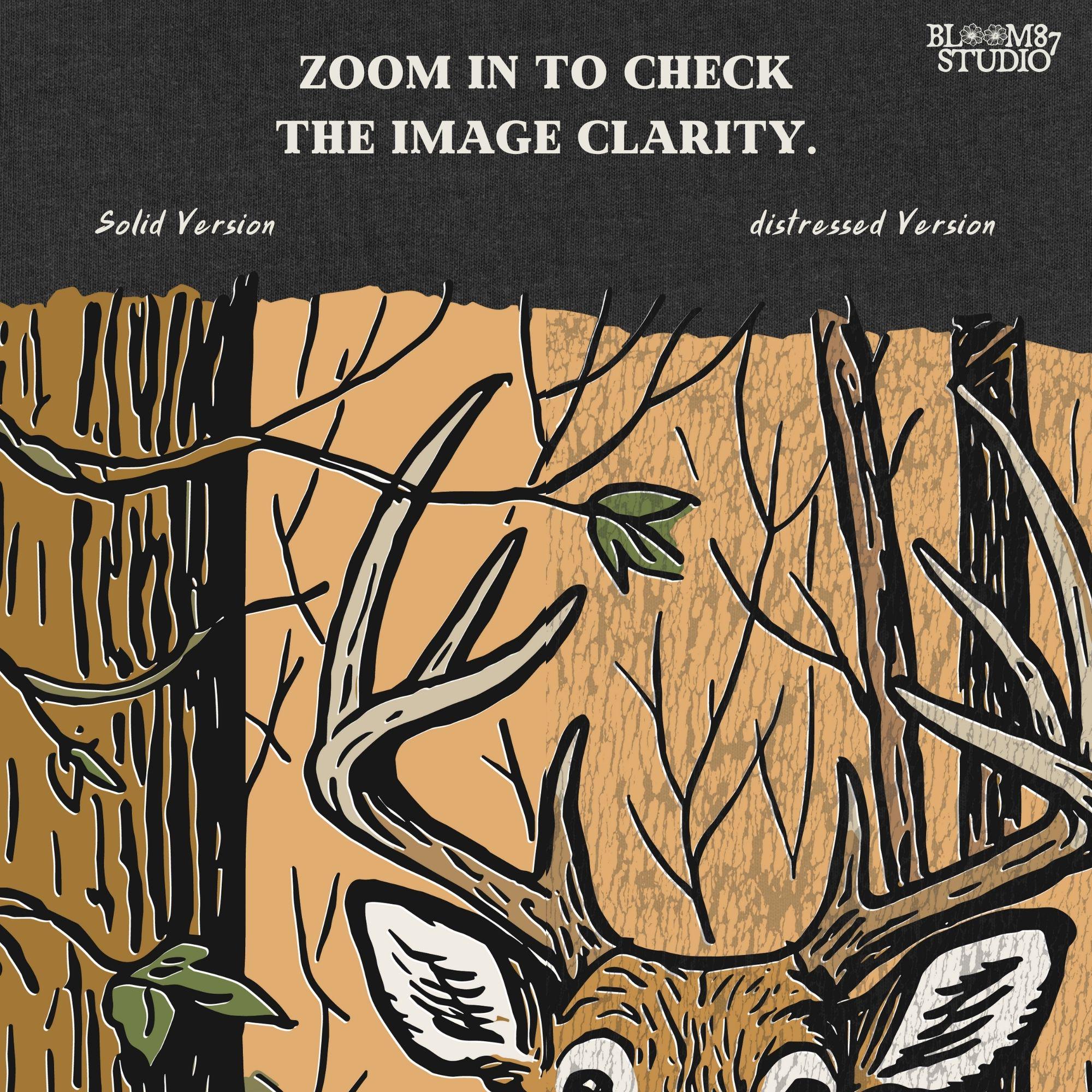 Vintage-style illustration of a buck deer peeking from behind a tree in a forest, designed for hunting season or rustic wildlife sublimation projects.