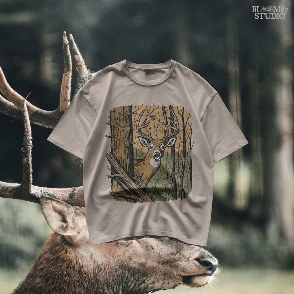 Vintage-style illustration of a buck deer peeking from behind a tree in a forest, designed for hunting season or rustic wildlife sublimation projects.
