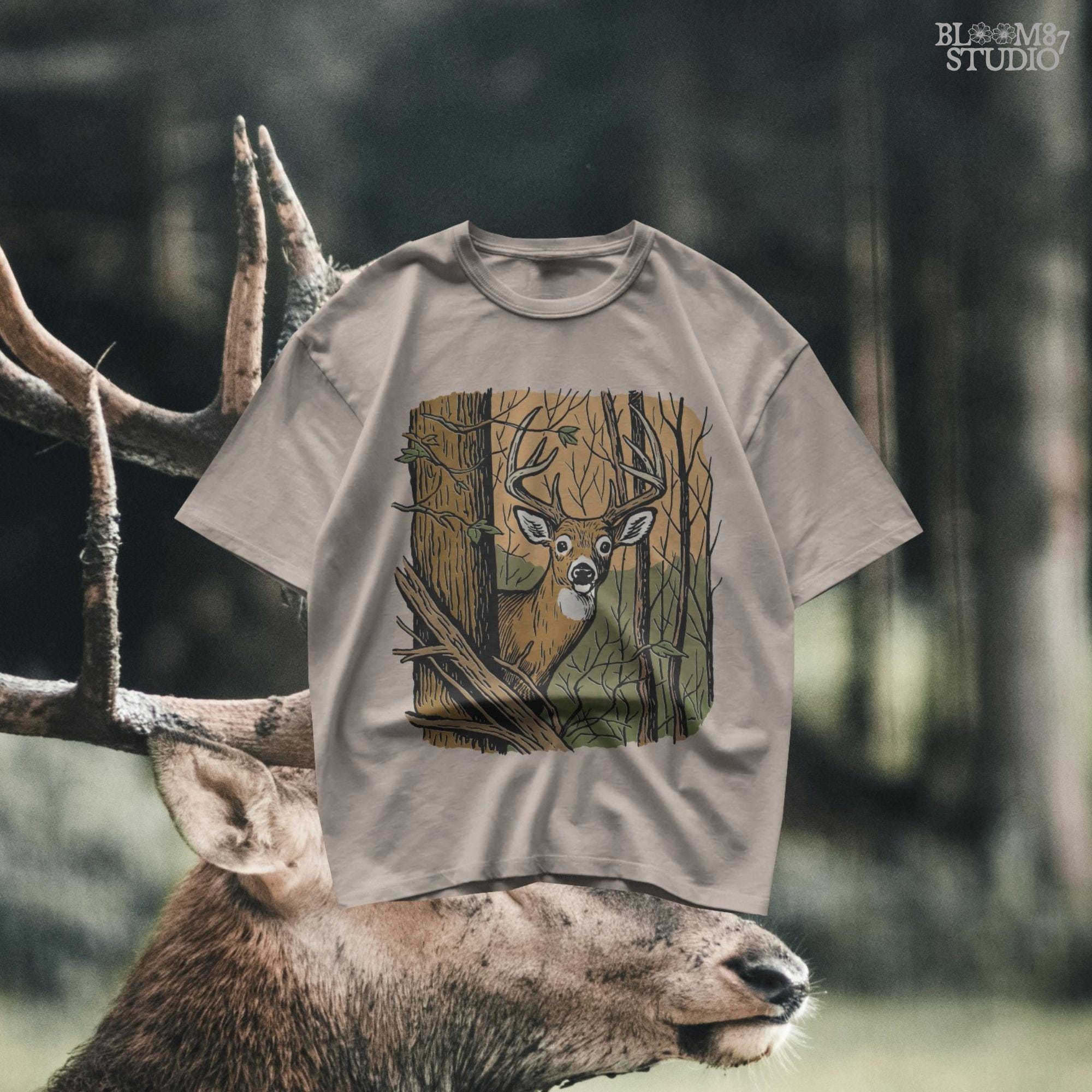 Vintage-style illustration of a buck deer peeking from behind a tree in a forest, designed for hunting season or rustic wildlife sublimation projects.