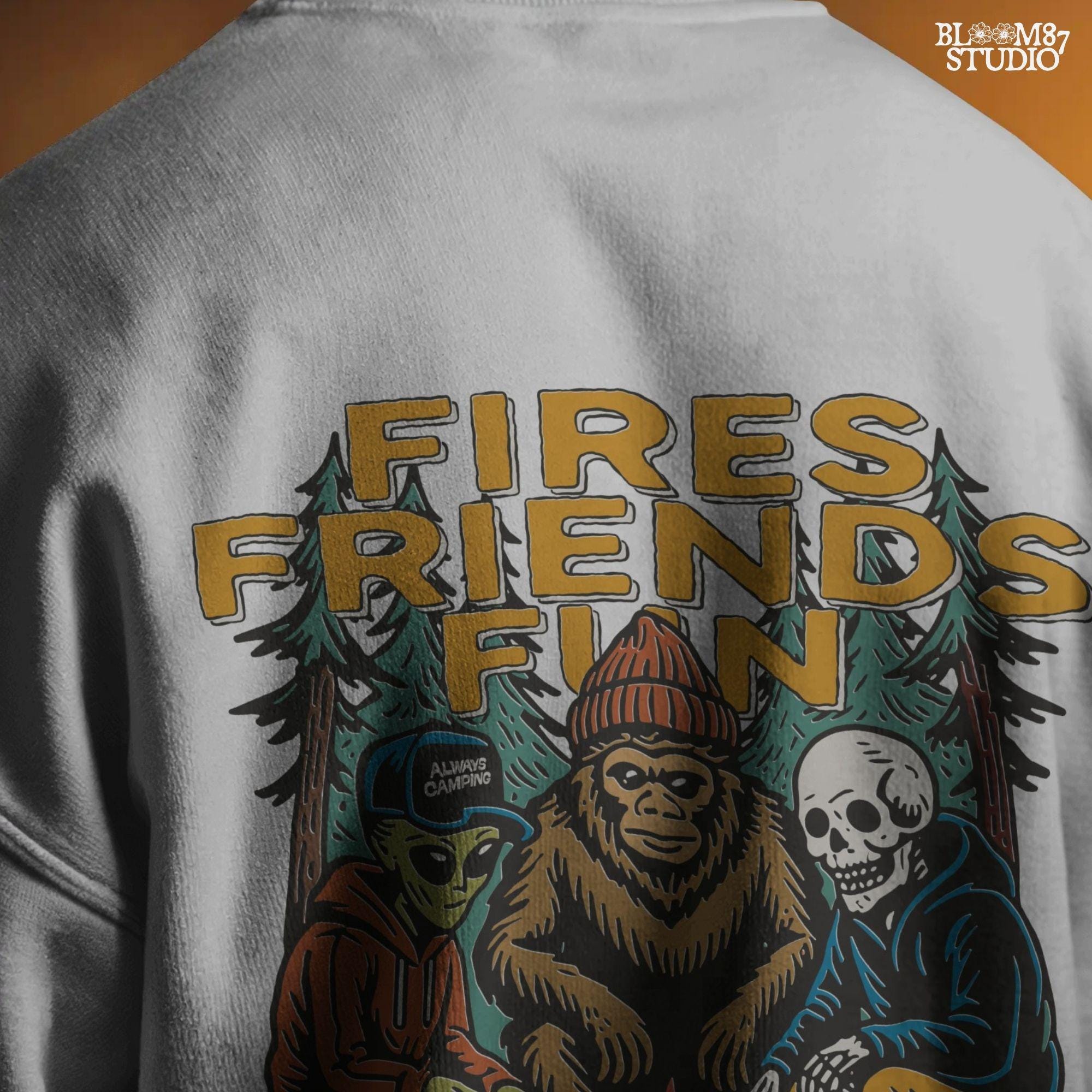 Funny cartoon-style illustration of an alien, bigfoot, and skeleton sitting around a campfire with the text “Fires. Friends. Fun. Camping Crew,” ideal for camping humor designs.