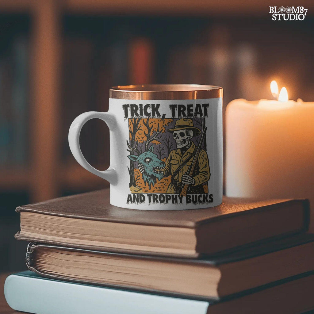 Vintage-style Halloween illustration of a skeleton hunter holding a severed zombie deer head with the phrase “Trick, Treat and Trophy Bucks,” in spooky forest setting.