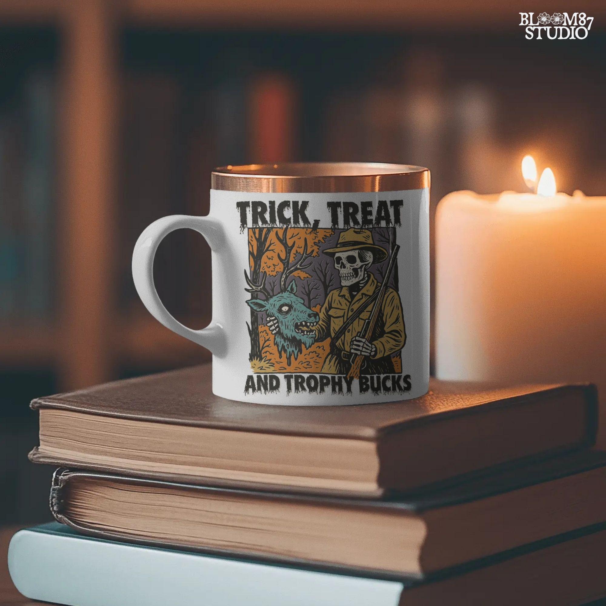Vintage-style Halloween illustration of a skeleton hunter holding a severed zombie deer head with the phrase “Trick, Treat and Trophy Bucks,” in spooky forest setting.