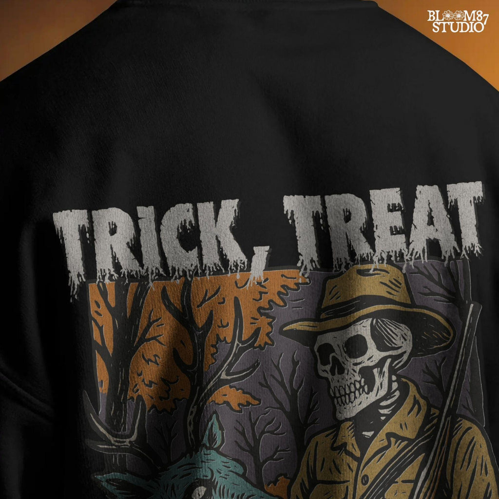 Vintage-style Halloween illustration of a skeleton hunter holding a severed zombie deer head with the phrase “Trick, Treat and Trophy Bucks,” in spooky forest setting.