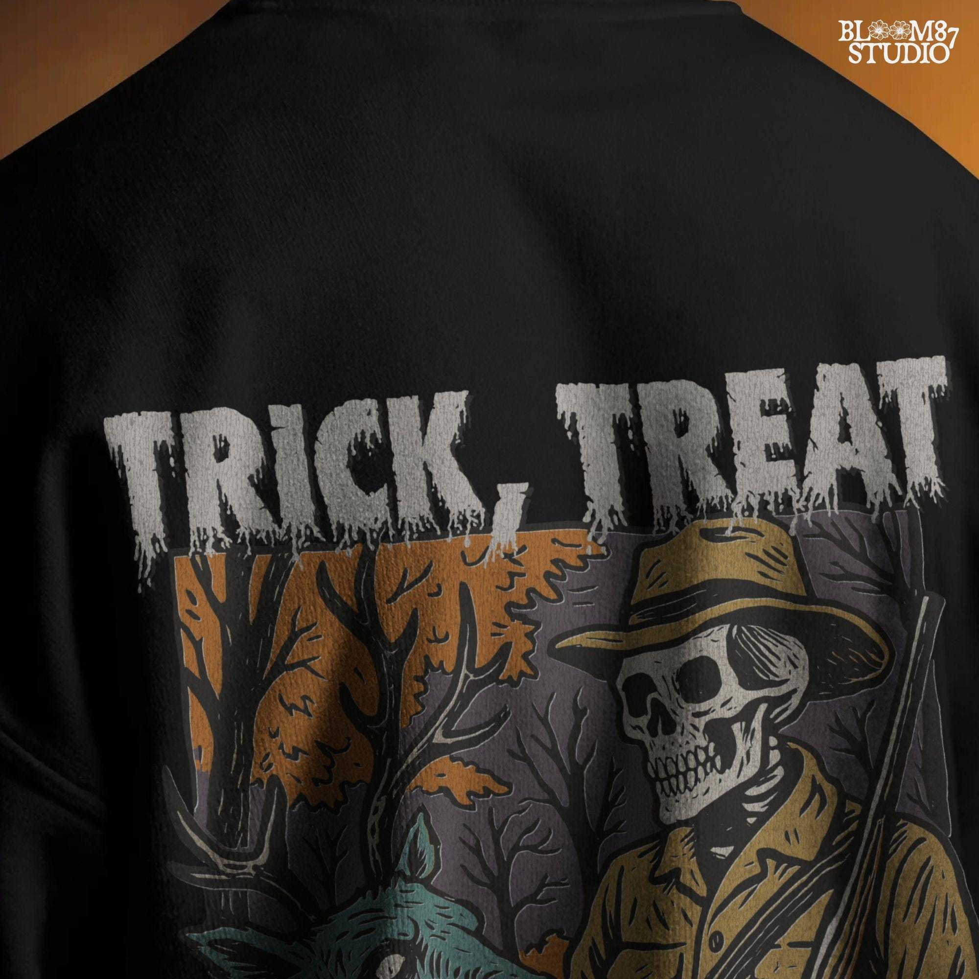 Vintage-style Halloween illustration of a skeleton hunter holding a severed zombie deer head with the phrase “Trick, Treat and Trophy Bucks,” in spooky forest setting.