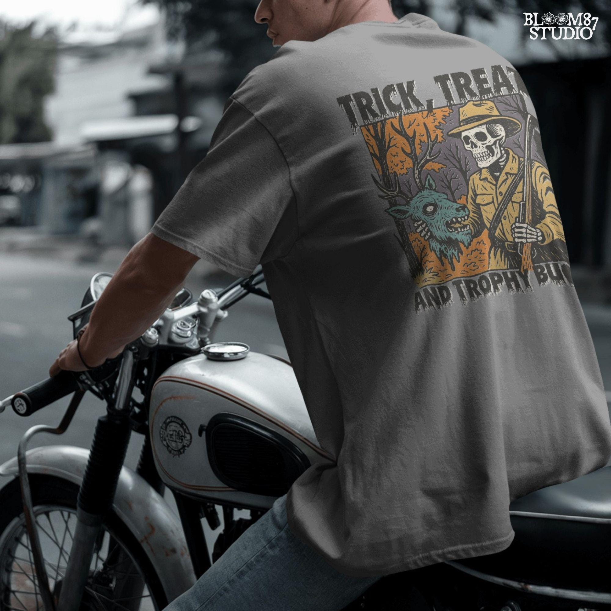 Vintage-style Halloween illustration of a skeleton hunter holding a severed zombie deer head with the phrase “Trick, Treat and Trophy Bucks,” in spooky forest setting.