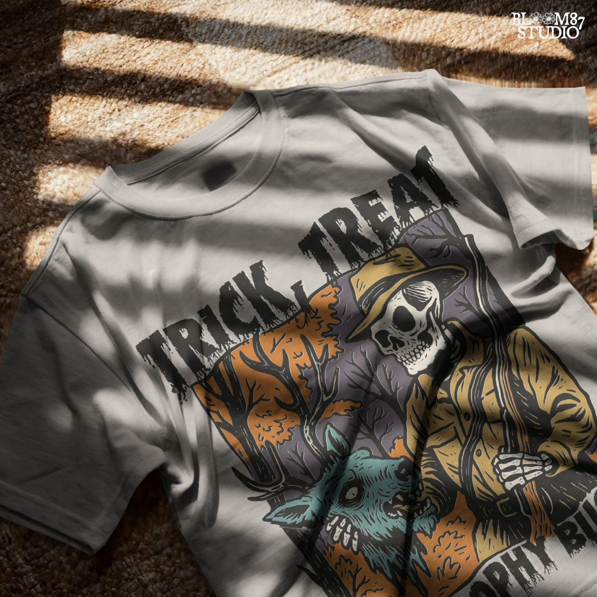 Vintage-style Halloween illustration of a skeleton hunter holding a severed zombie deer head with the phrase “Trick, Treat and Trophy Bucks,” in spooky forest setting.