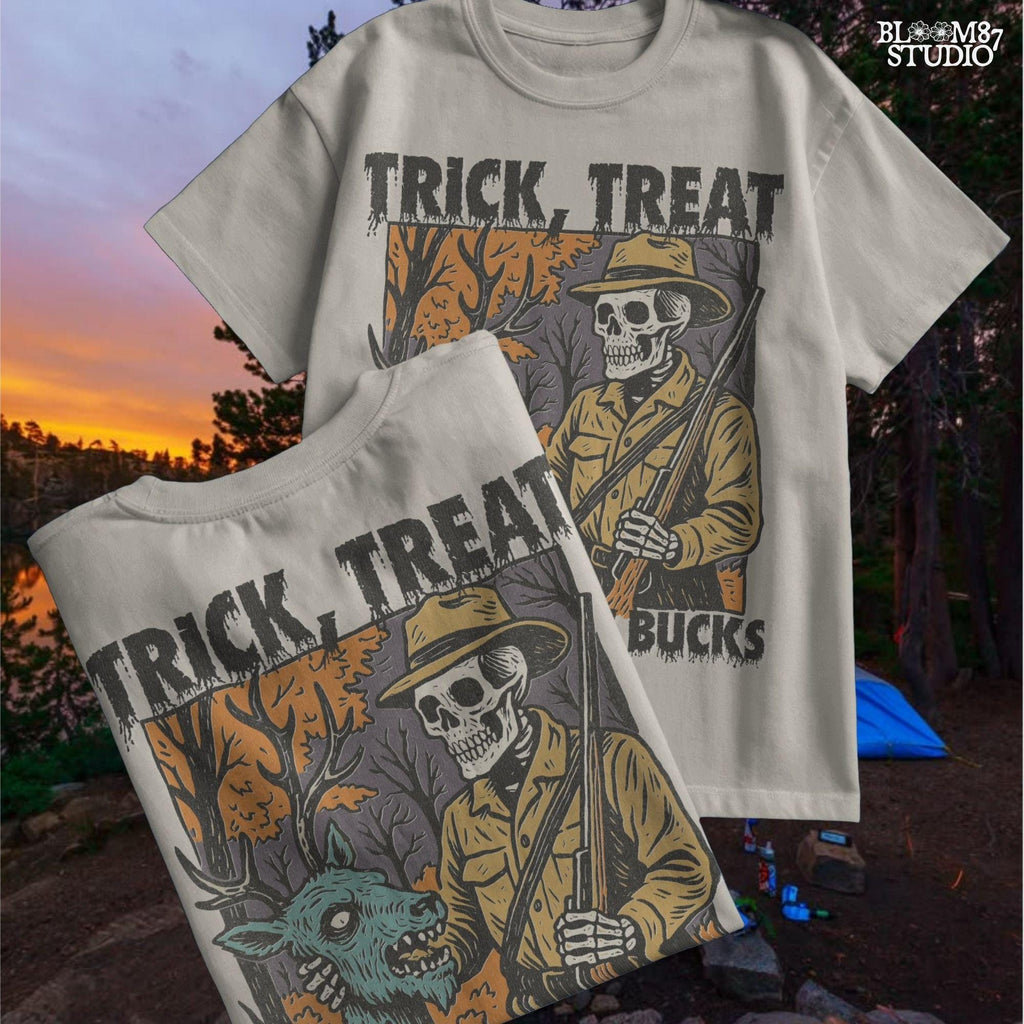 Vintage-style Halloween illustration of a skeleton hunter holding a severed zombie deer head with the phrase “Trick, Treat and Trophy Bucks,” in spooky forest setting.