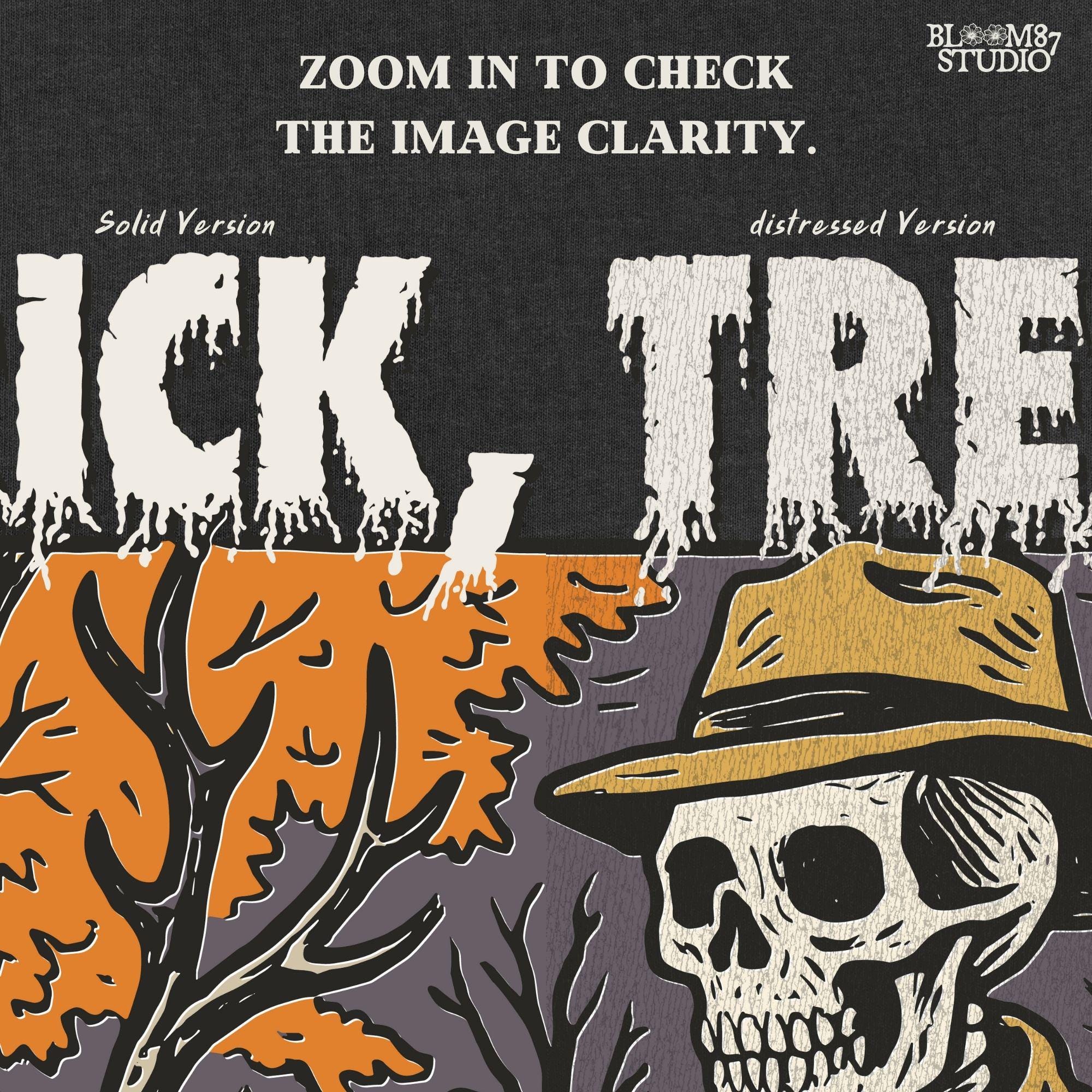 Vintage-style Halloween illustration of a skeleton hunter holding a severed zombie deer head with the phrase “Trick, Treat and Trophy Bucks,” in spooky forest setting.