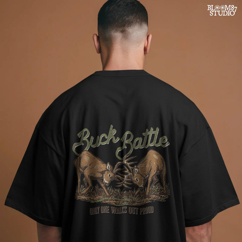 Two whitetail bucks in a fierce rut season battle, locking antlers over the phrase “Only One Walks Out Proud” — hunting-themed PNG graphic.