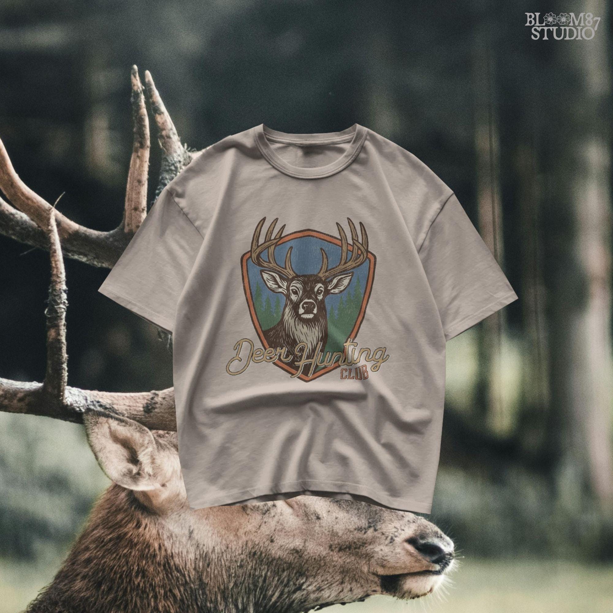 A rustic “Deer Hunting Club” badge with a bold whitetail buck and forest background, styled as a vintage hunting patch.