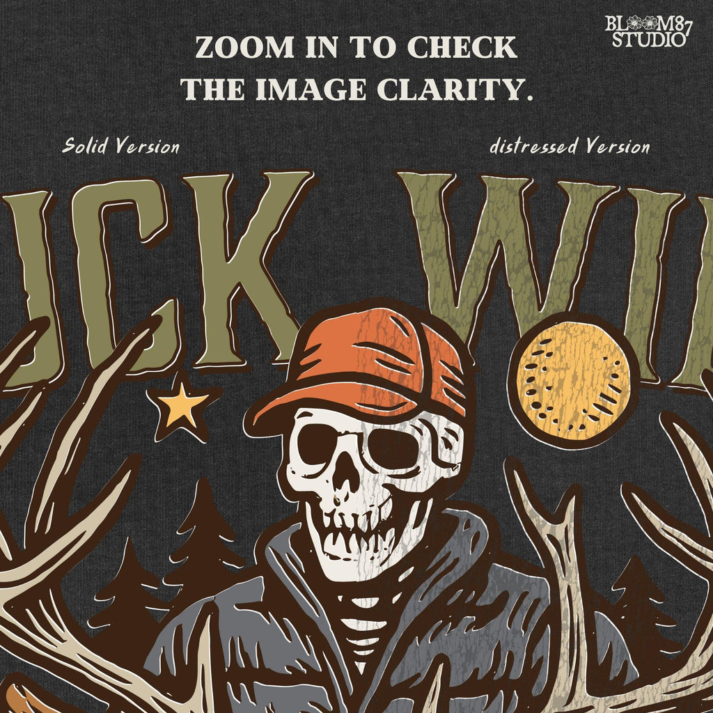 A funny deer hunting illustration with a skeleton hunter holding a buck and cooler of beer under the phrase “Tag it, Drag it, Crack it”.