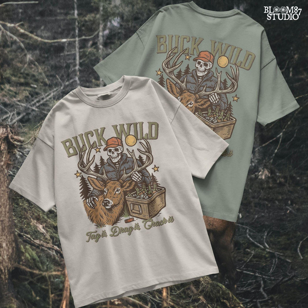 A funny deer hunting illustration with a skeleton hunter holding a buck and cooler of beer under the phrase “Tag it, Drag it, Crack it”.