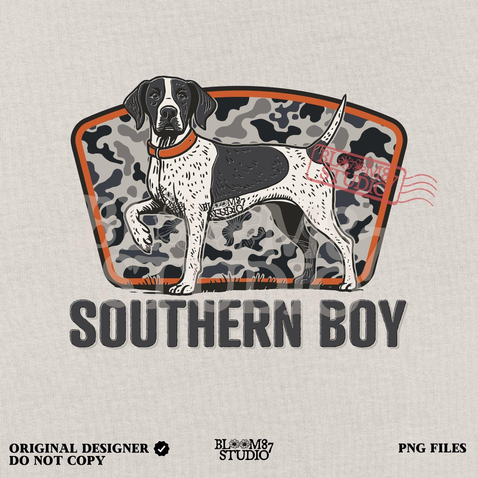 Illustration of a black and white pointer hunting dog standing in front of a gray camo background with the words “Southern Boy” beneath in bold rustic font.
