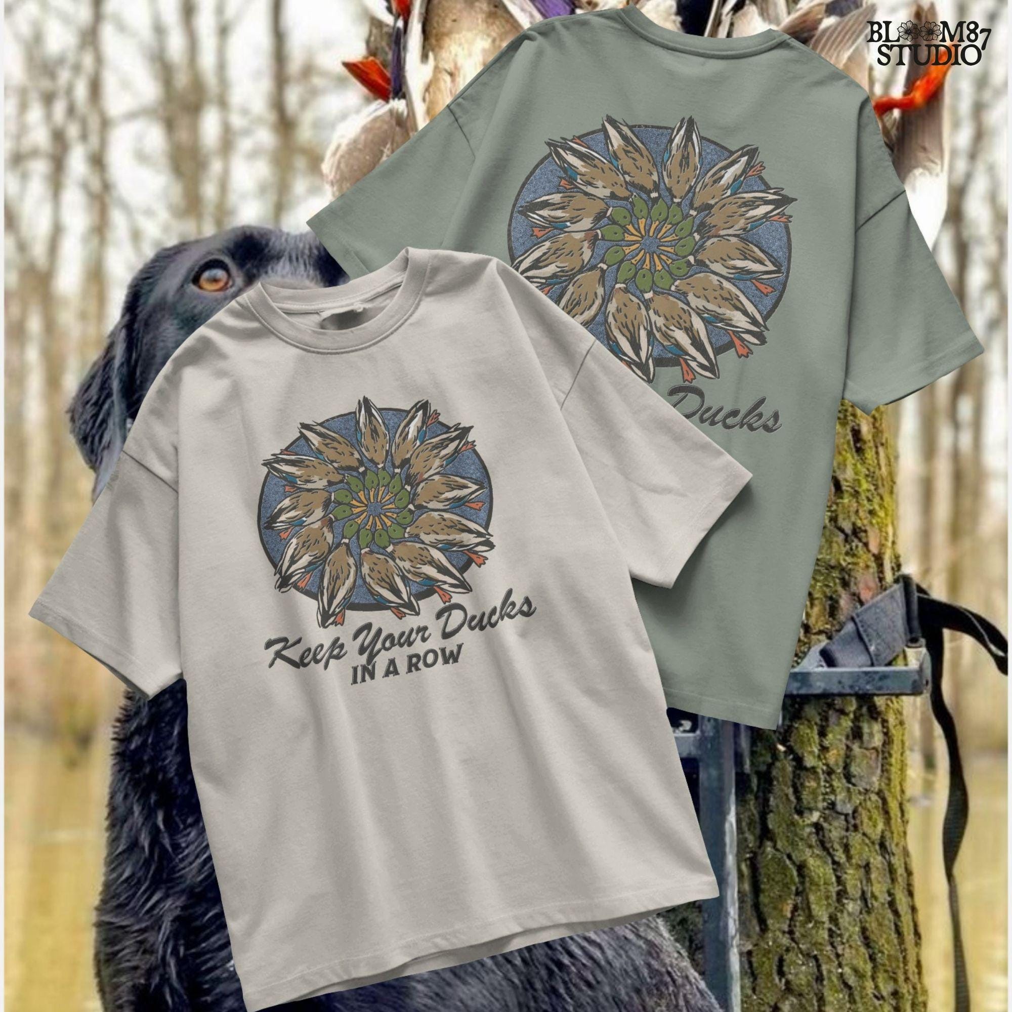 Mandala-style illustration of mallard ducks in a circular arrangement with the phrase “Keep Your Ducks in a Row” – sublimation PNG for hunters and outdoorsmen.