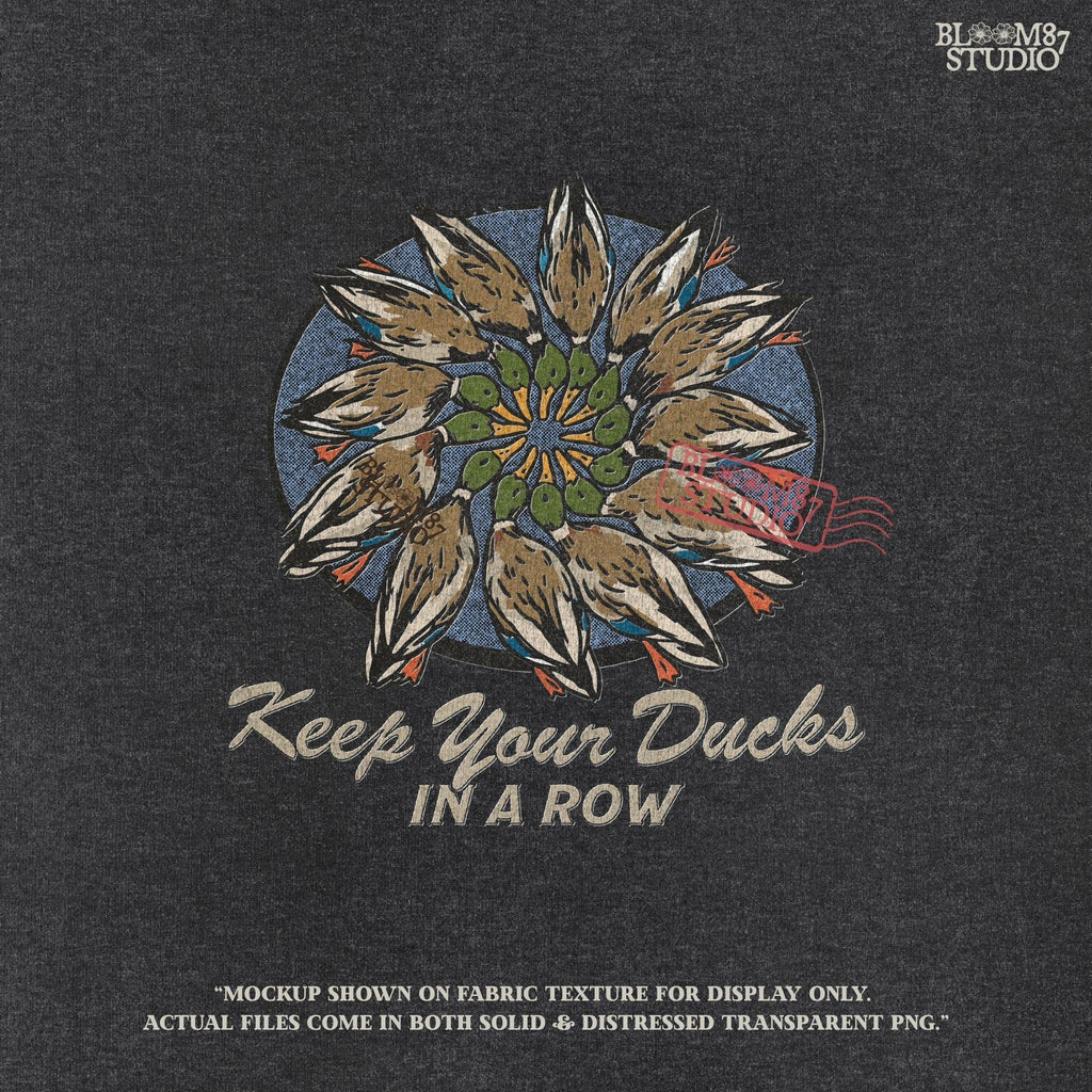 Mandala-style illustration of mallard ducks in a circular arrangement with the phrase “Keep Your Ducks in a Row” – sublimation PNG for hunters and outdoorsmen.