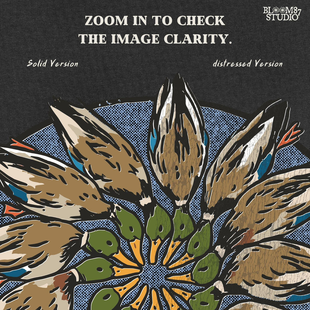 Mandala-style illustration of mallard ducks in a circular arrangement with the phrase “Keep Your Ducks in a Row” – sublimation PNG for hunters and outdoorsmen.