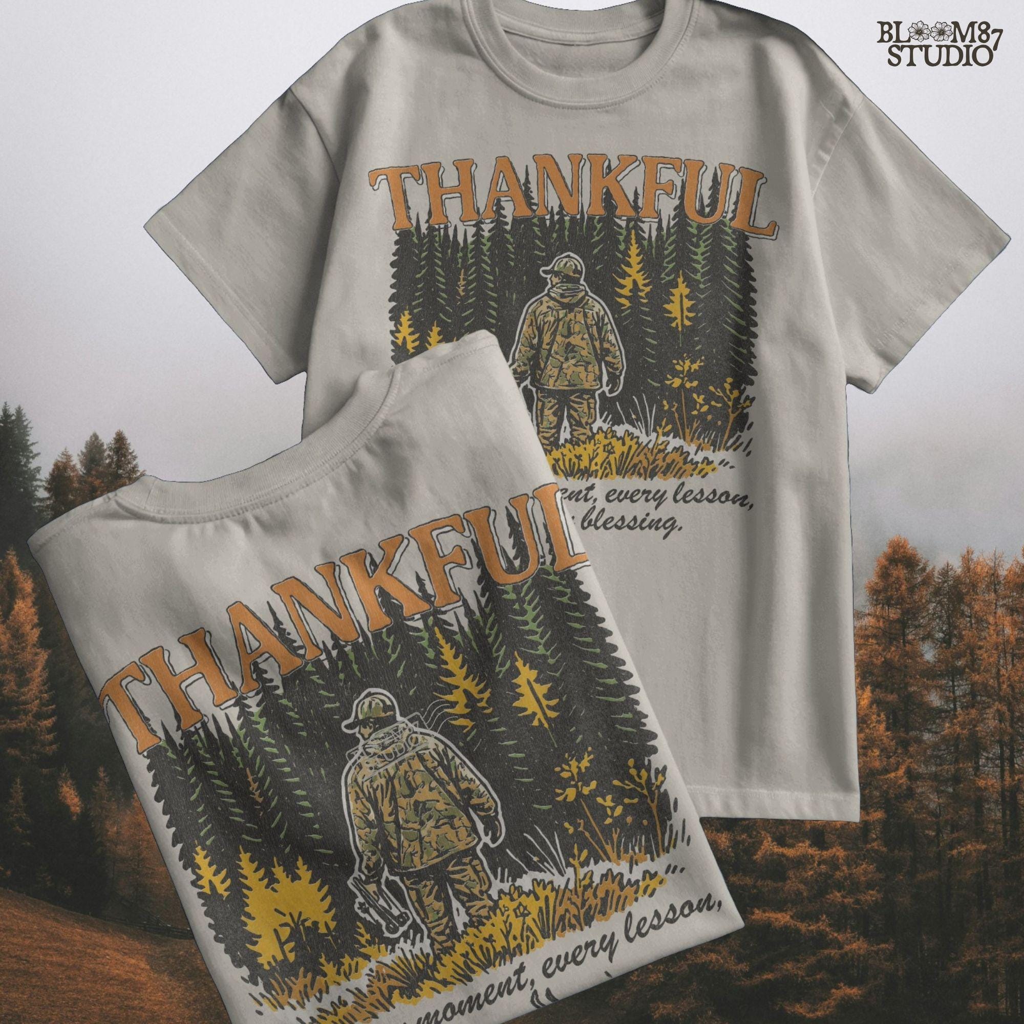 Illustration of a hunter in camo standing in a fall forest with the word “THANKFUL” above and a quote below, designed for sublimation projects.