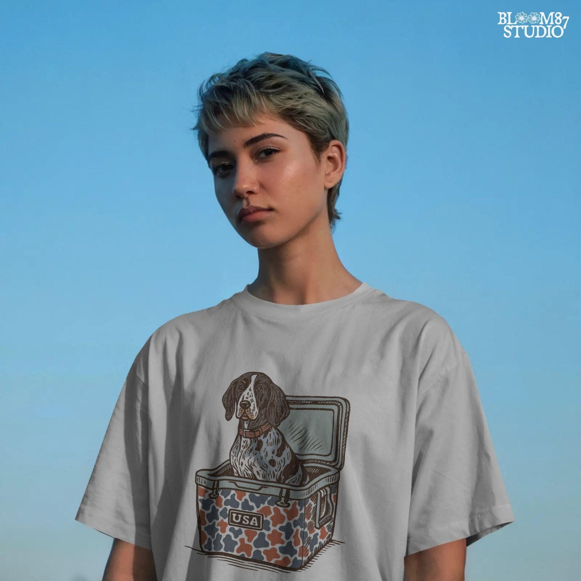 Blue Tick Coonhound dog sitting in a patriotic camo USA cooler, digital PNG artwork for sublimation and hunting-themed designs