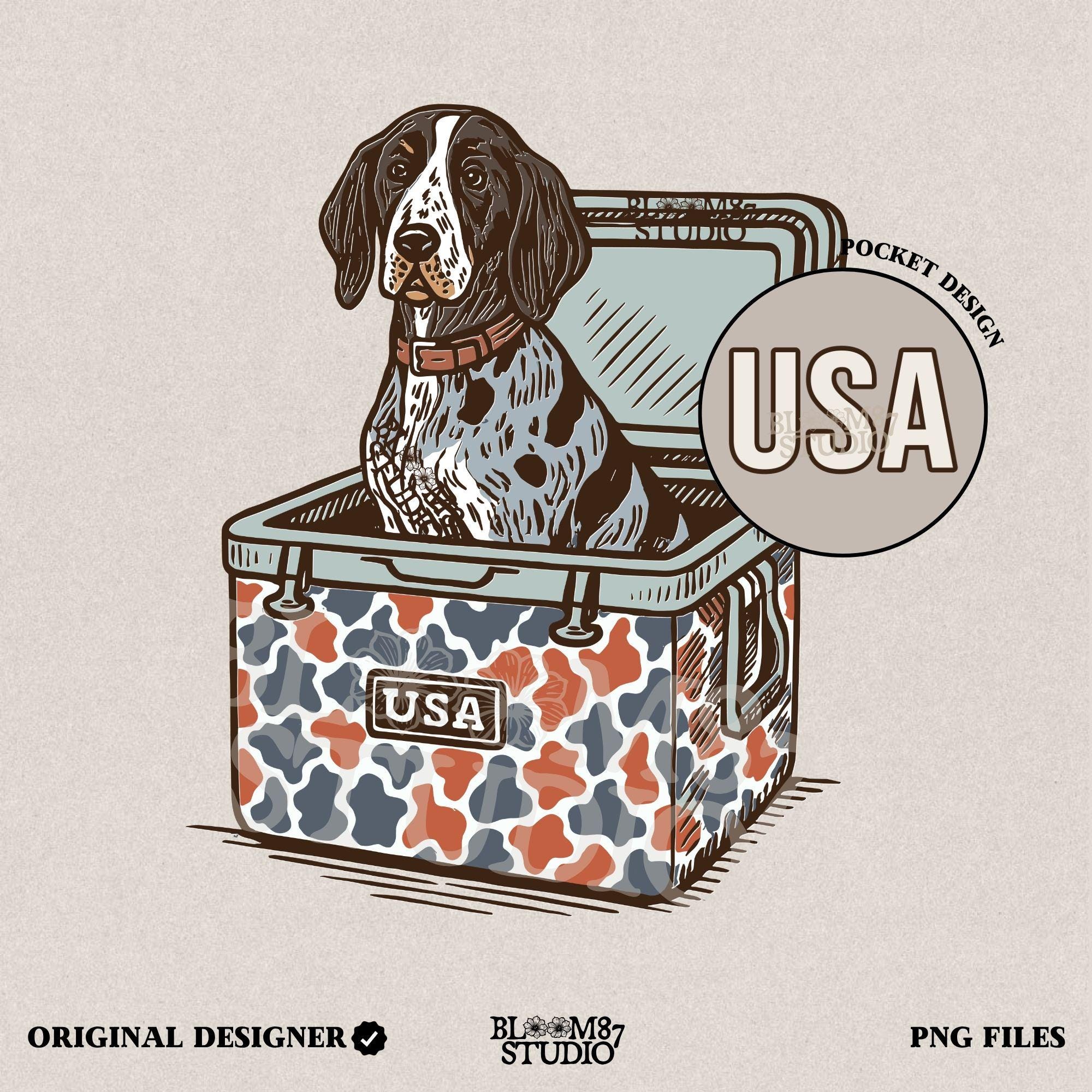 Blue Tick Coonhound dog sitting in a patriotic camo USA cooler, digital PNG artwork for sublimation and hunting-themed designs