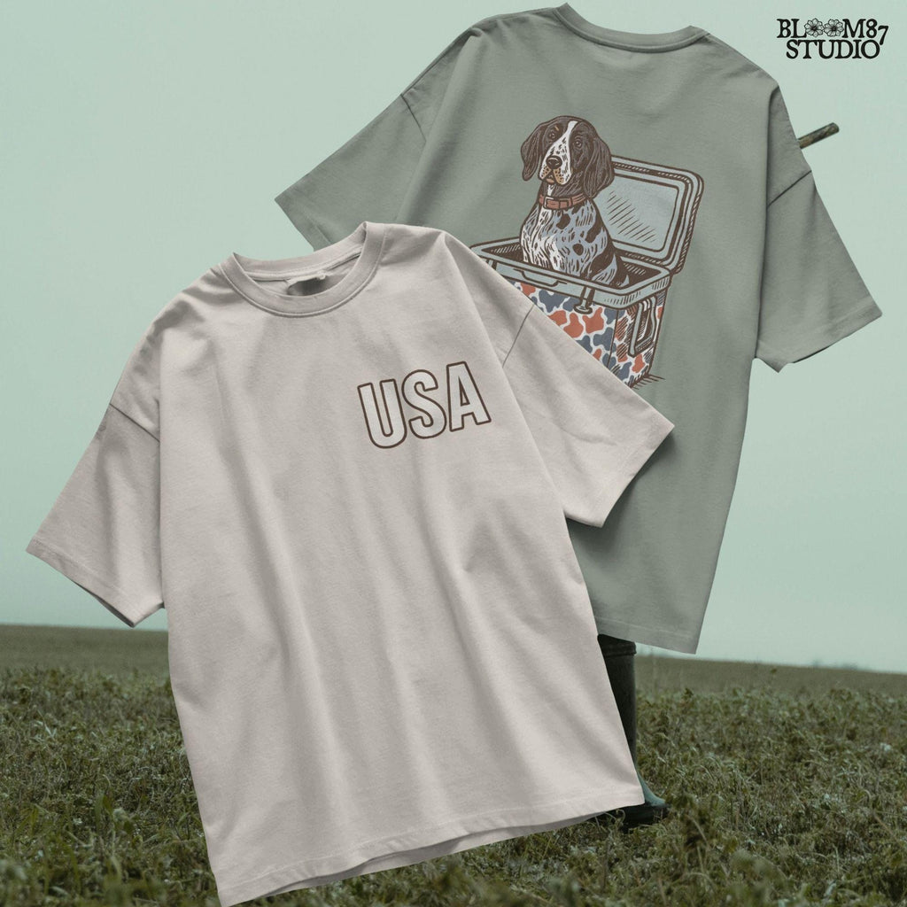 Blue Tick Coonhound dog sitting in a patriotic camo USA cooler, digital PNG artwork for sublimation and hunting-themed designs