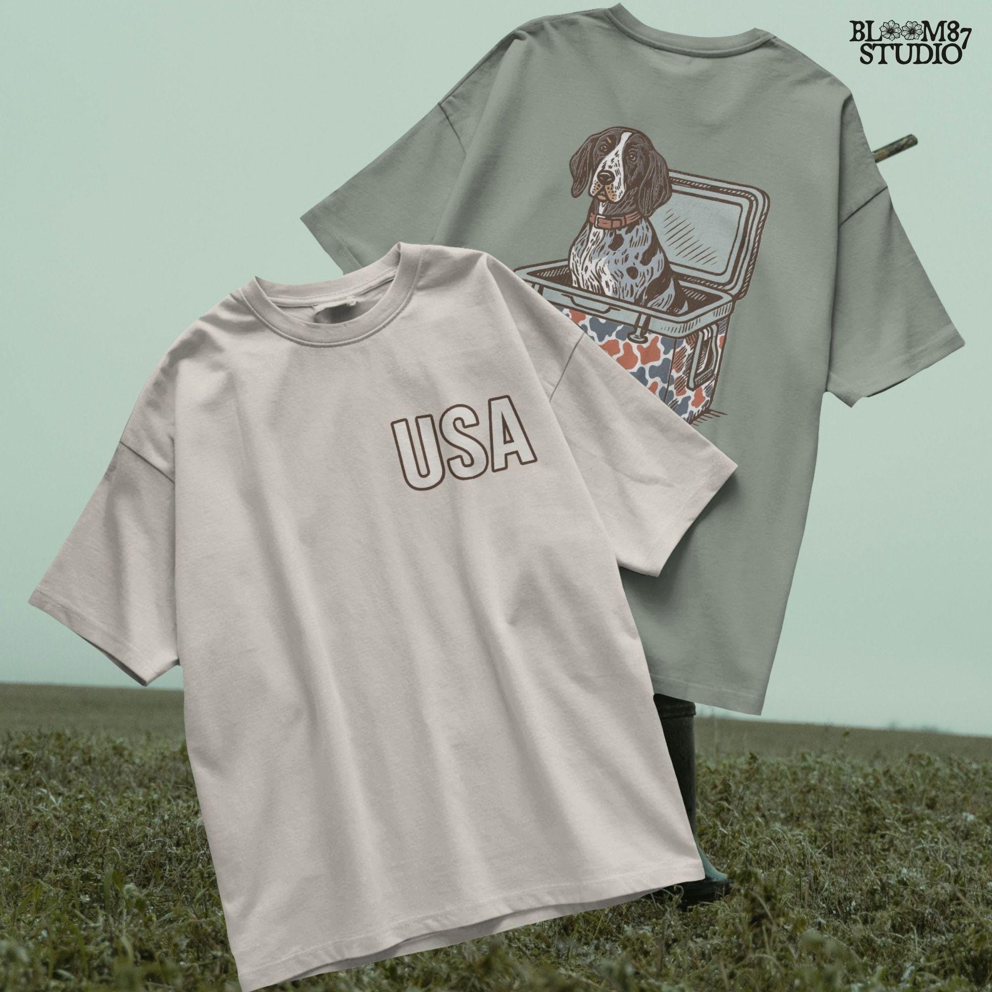 Blue Tick Coonhound dog sitting in a patriotic camo USA cooler, digital PNG artwork for sublimation and hunting-themed designs