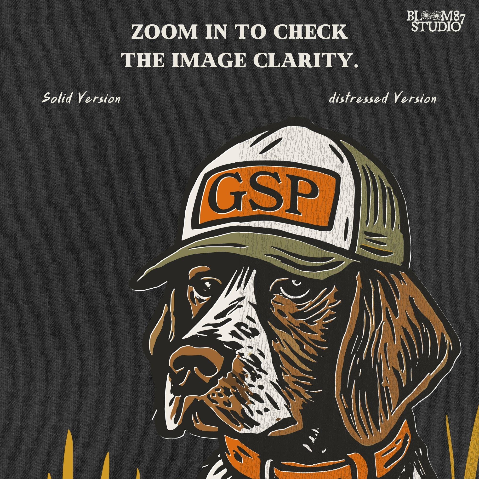 Illustration of a German Shorthaired Pointer dog wearing a GSP hat and orange collar, sitting in golden grass, perfect for hunting or fall-themed sublimation.