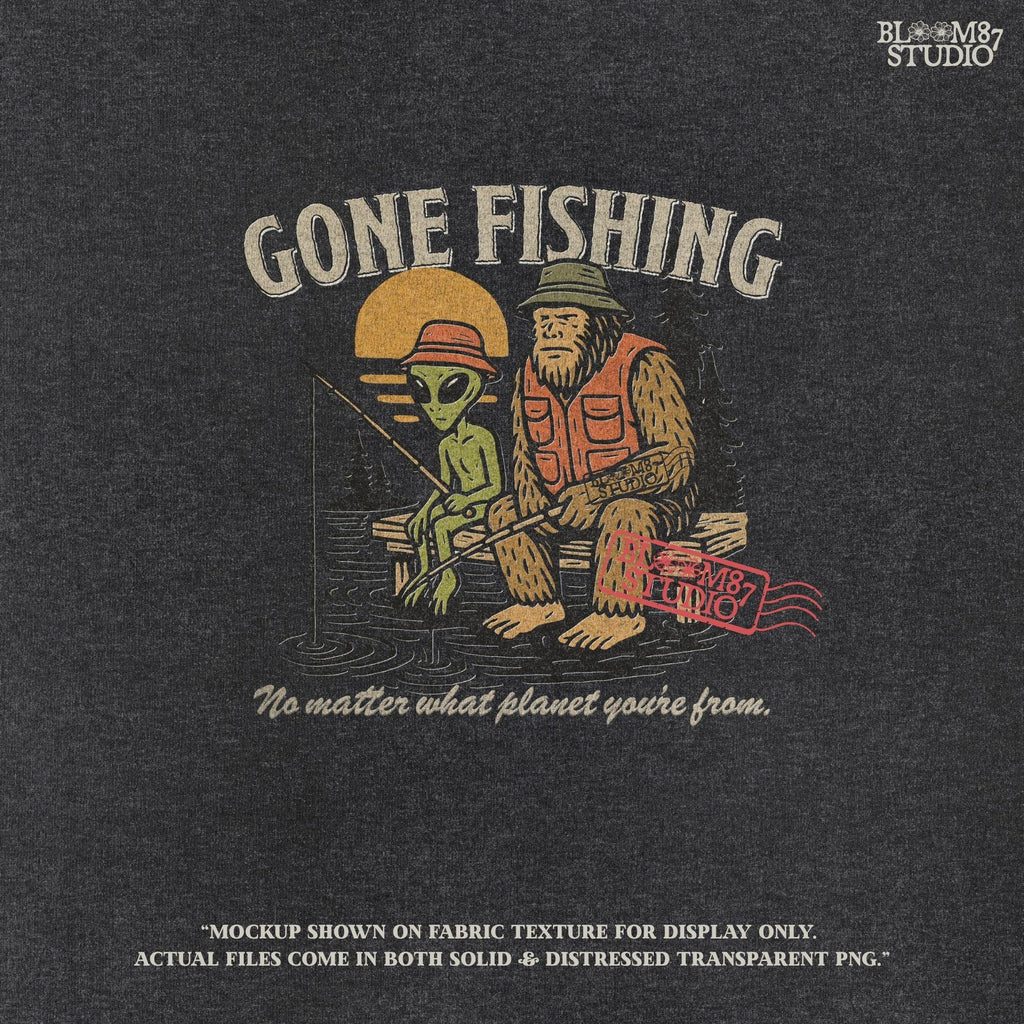 Funny illustration of Bigfoot and an alien fishing together on a lake dock at sunset, wearing fishing hats and vests—perfect for summer and Father’s Day sublimation.