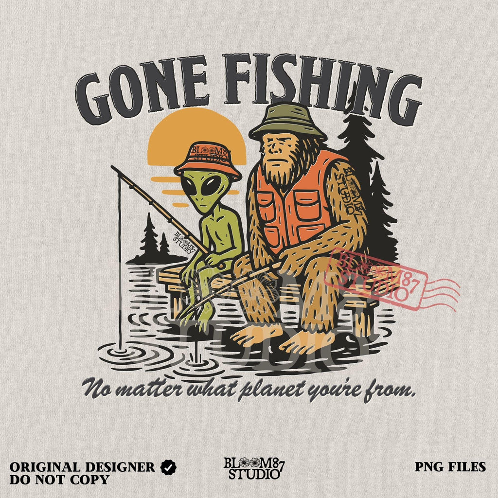 Funny illustration of Bigfoot and an alien fishing together on a lake dock at sunset, wearing fishing hats and vests—perfect for summer and Father’s Day sublimation.