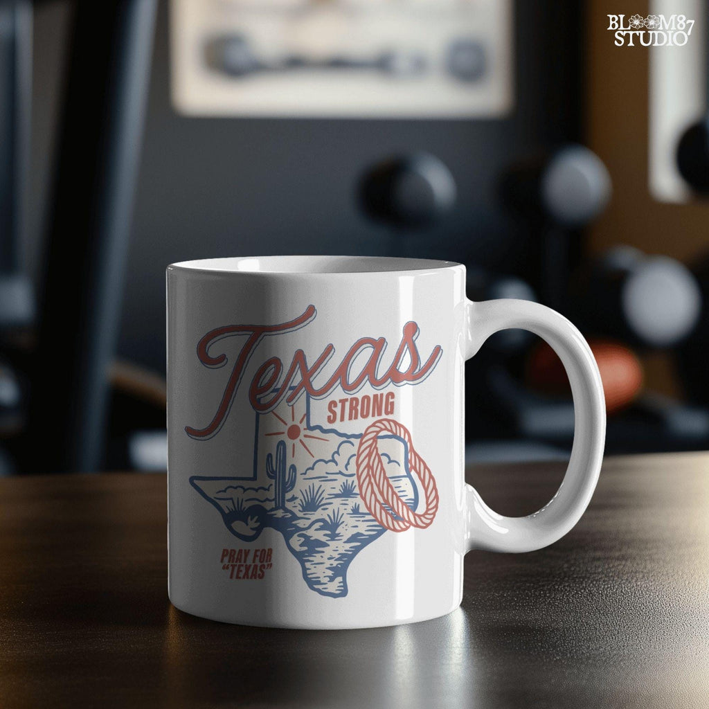 “Texas Strong sublimation PNG design featuring Texas state outline with desert scene, cactus, sun, and rope lasso, for flood relief and western-themed crafts”