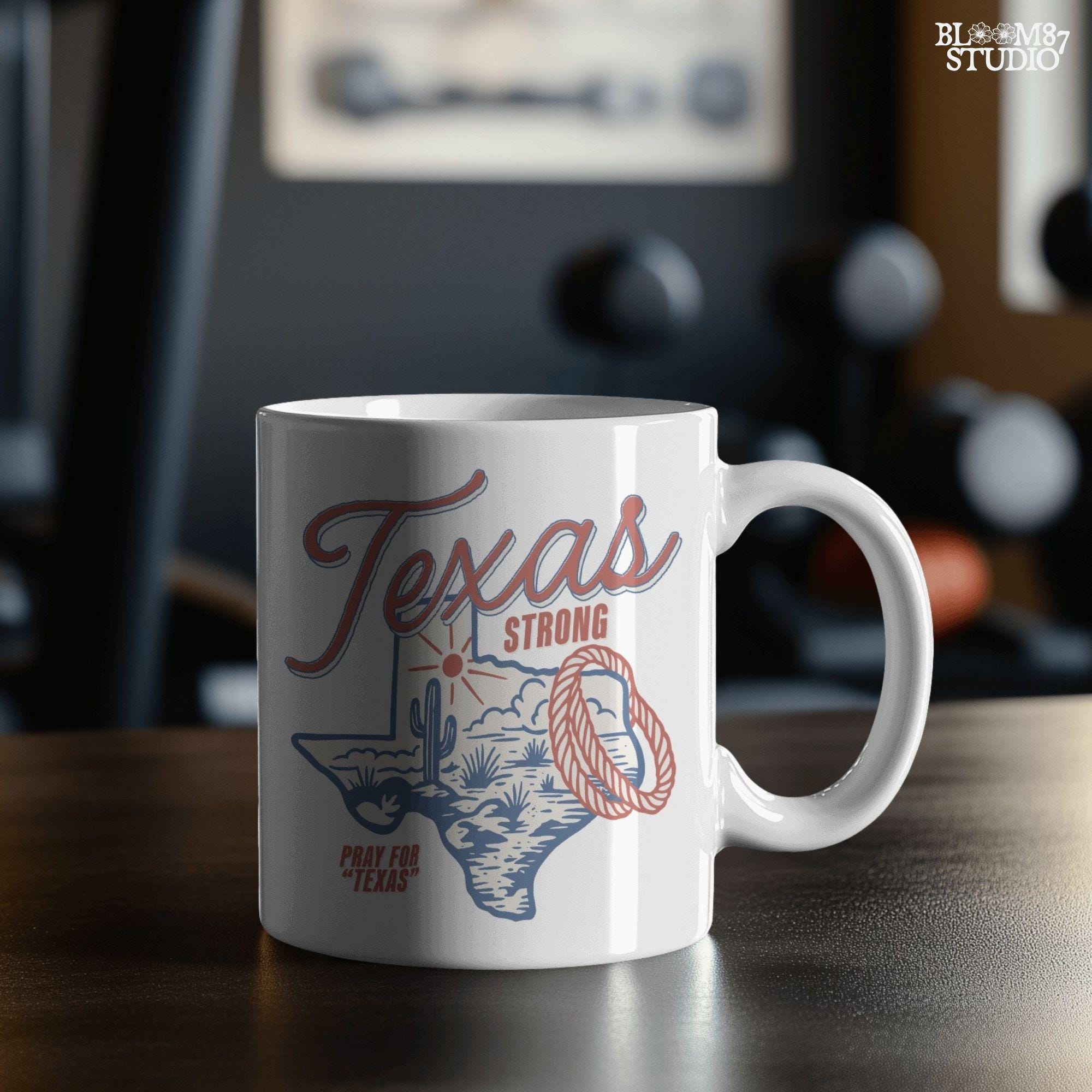 “Texas Strong sublimation PNG design featuring Texas state outline with desert scene, cactus, sun, and rope lasso, for flood relief and western-themed crafts”