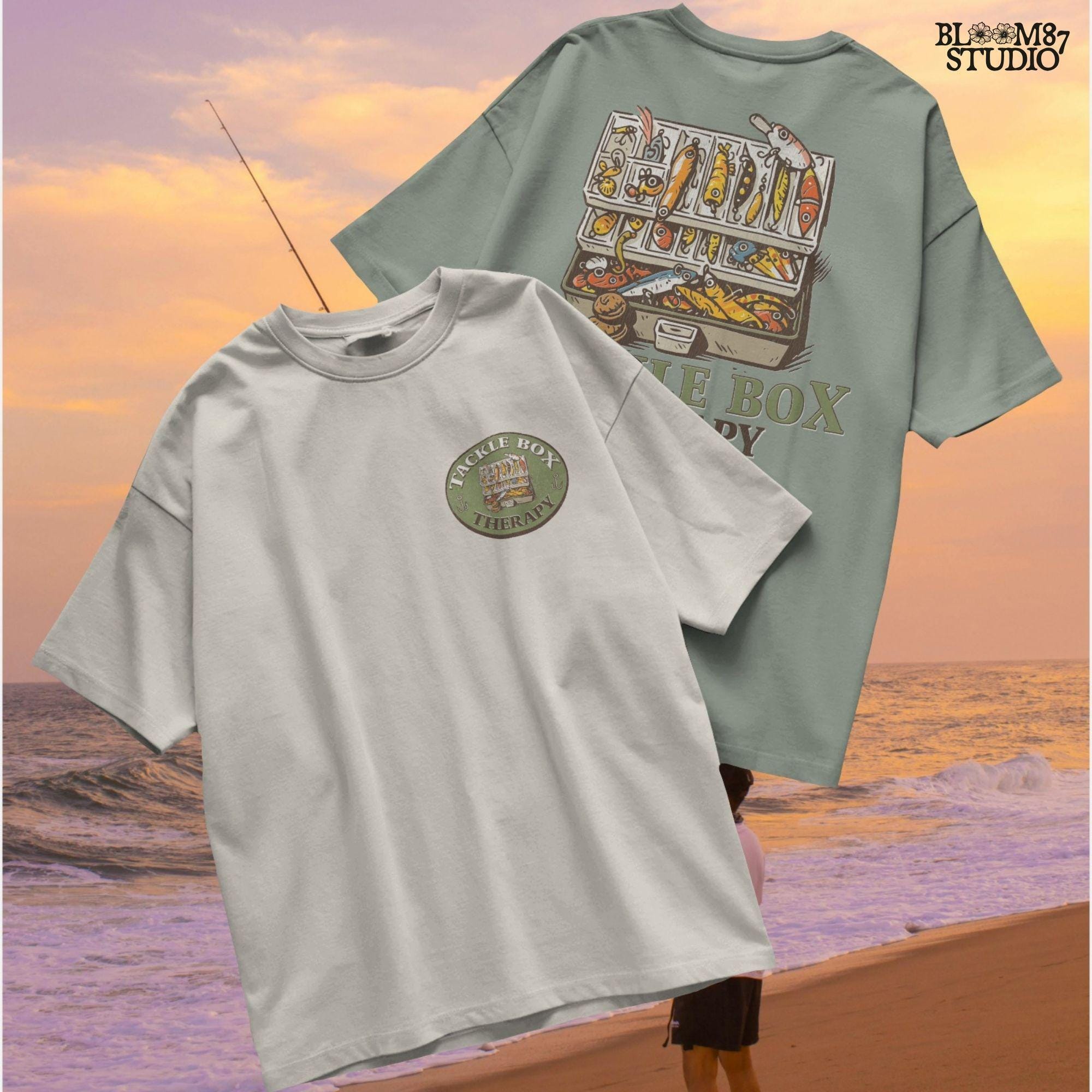 Fishing-themed sublimation PNG set with full tackle box back design and circular pocket patch graphic for shirt making or apparel