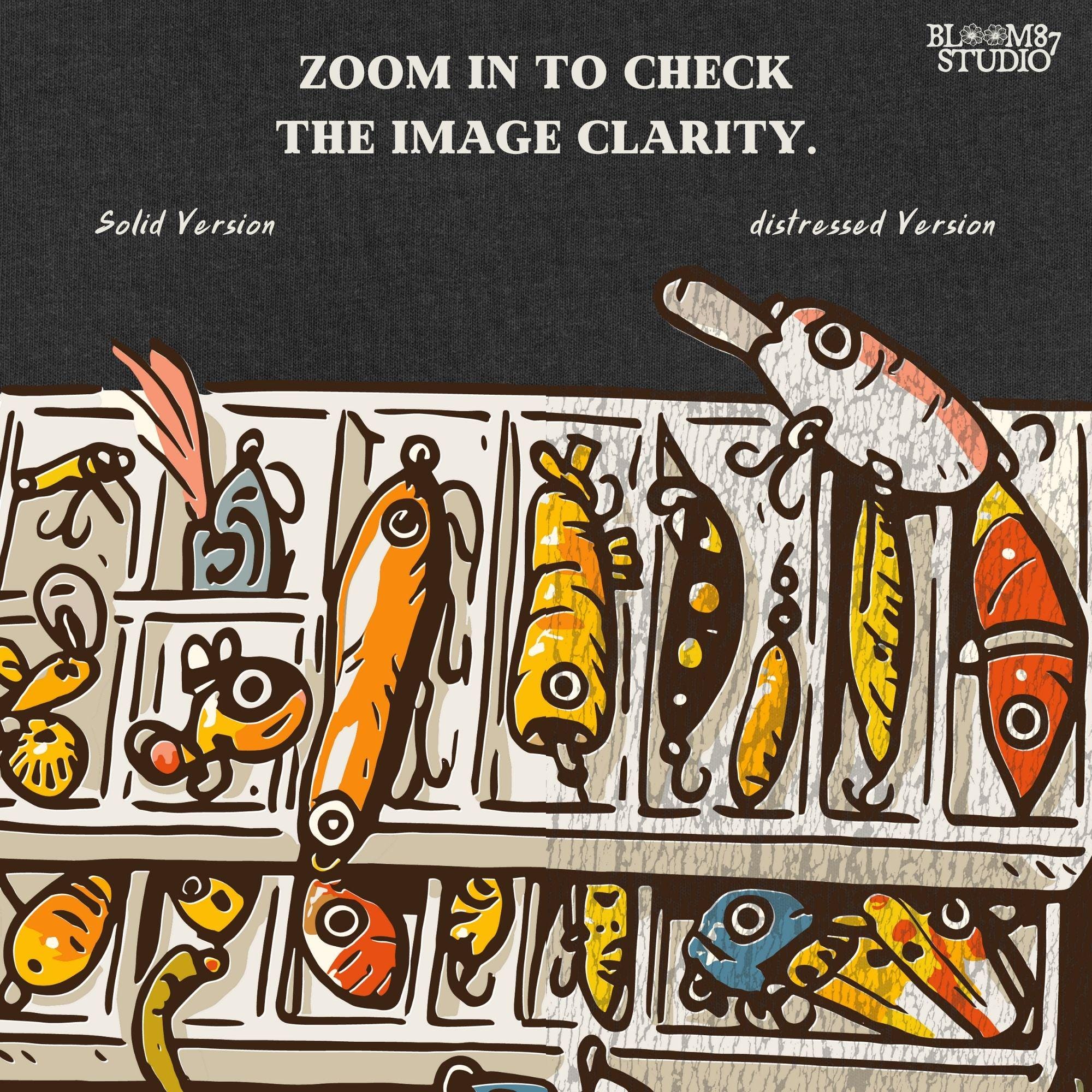 Fishing-themed sublimation PNG set with full tackle box back design and circular pocket patch graphic for shirt making or apparel