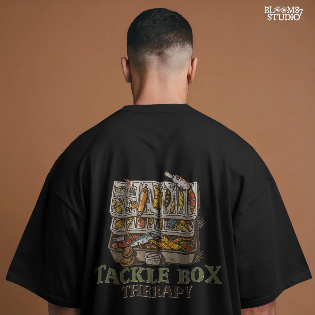 Fishing-themed sublimation PNG set with full tackle box back design and circular pocket patch graphic for shirt making or apparel