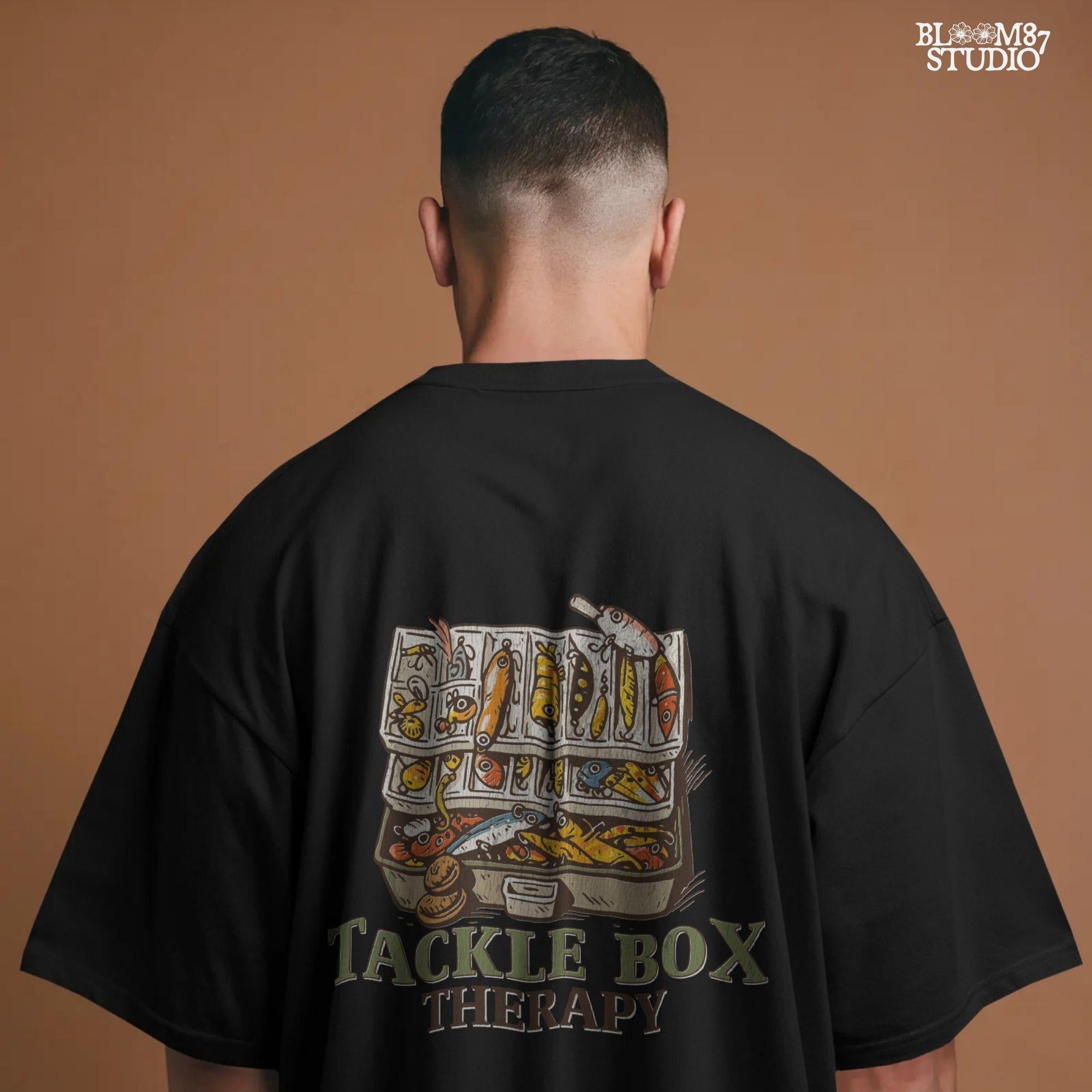 Fishing-themed sublimation PNG set with full tackle box back design and circular pocket patch graphic for shirt making or apparel