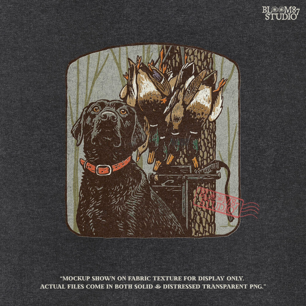 Digital PNG design of a black lab hunting dog with mallard ducks on a strap, ideal for sublimation printing on hunting-themed apparel