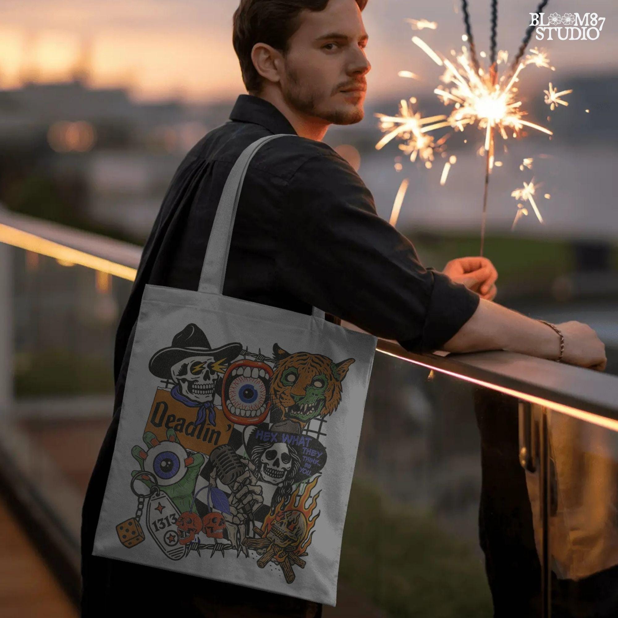 Edgy Halloween collage PNG featuring skeletons, zombie tiger, flaming skull, barbed wire, microphone, and retro horror elements in punk western style.