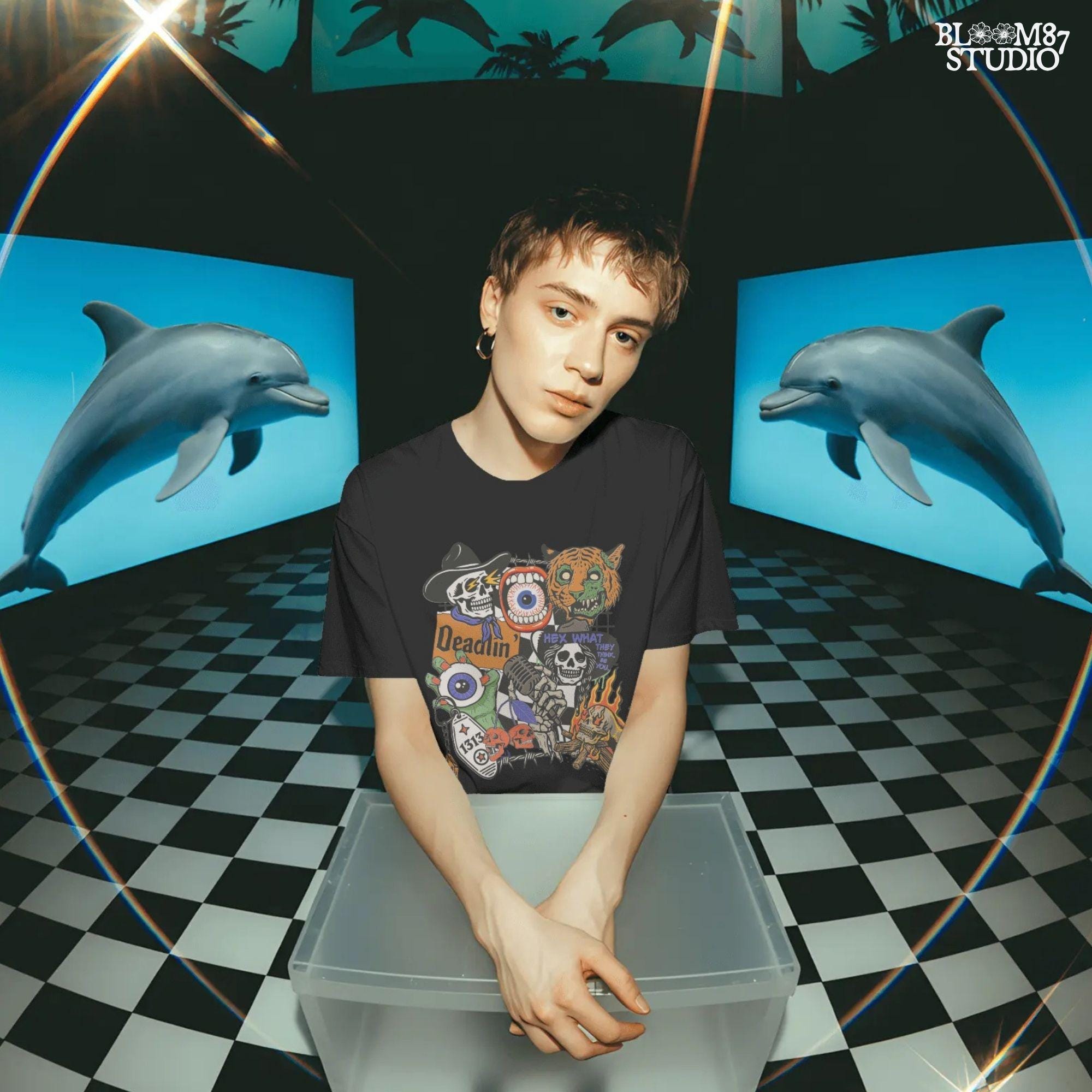 Edgy Halloween collage PNG featuring skeletons, zombie tiger, flaming skull, barbed wire, microphone, and retro horror elements in punk western style.