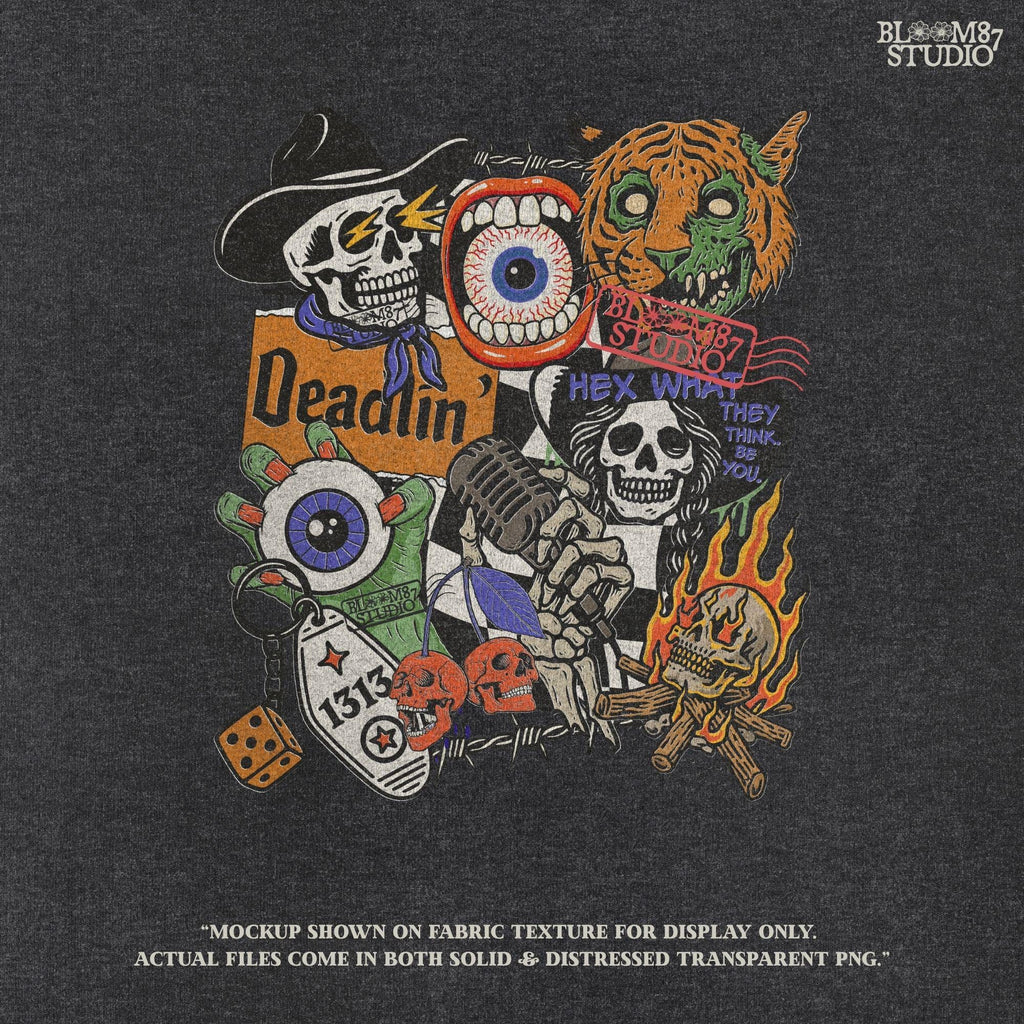 Edgy Halloween collage PNG featuring skeletons, zombie tiger, flaming skull, barbed wire, microphone, and retro horror elements in punk western style.