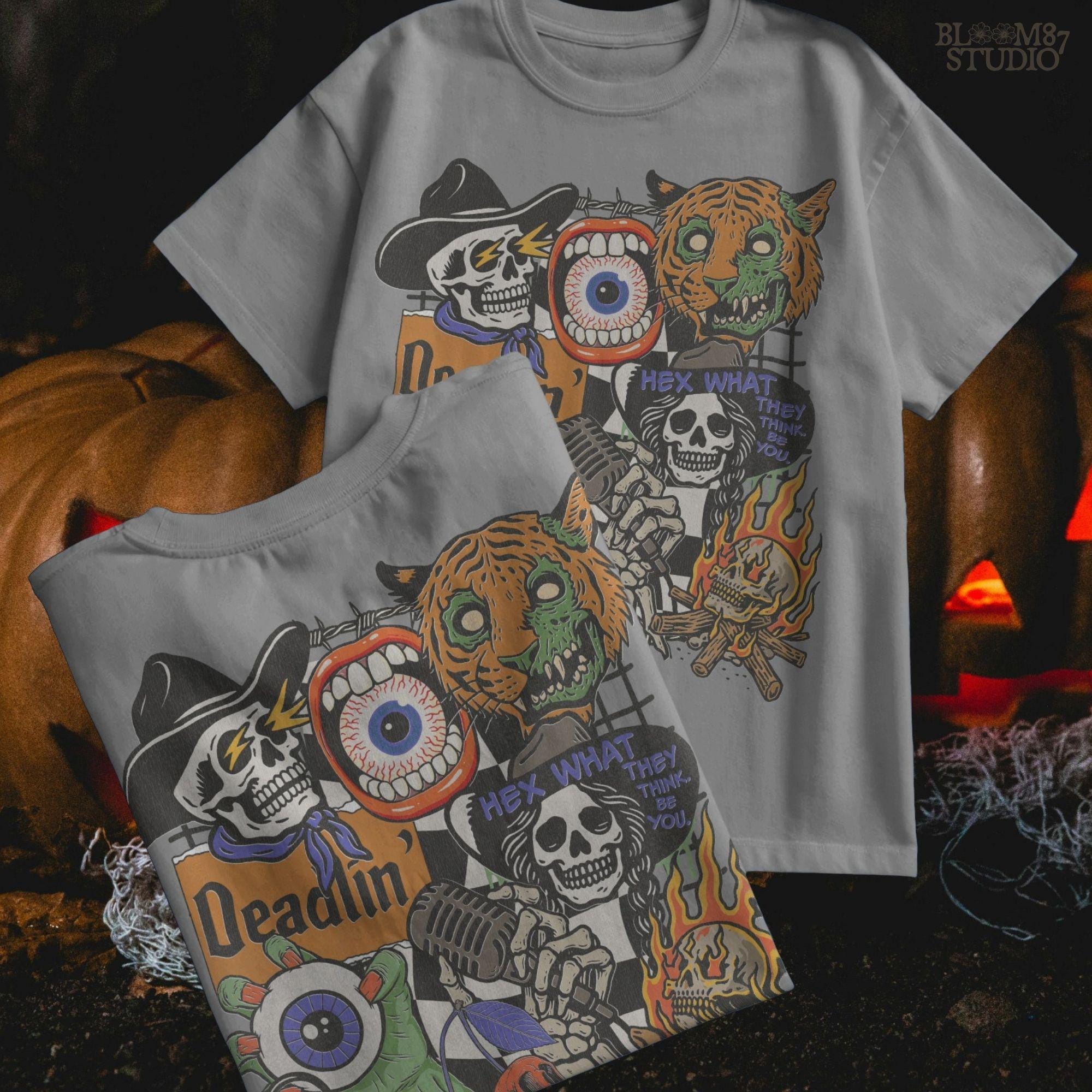 Edgy Halloween collage PNG featuring skeletons, zombie tiger, flaming skull, barbed wire, microphone, and retro horror elements in punk western style.