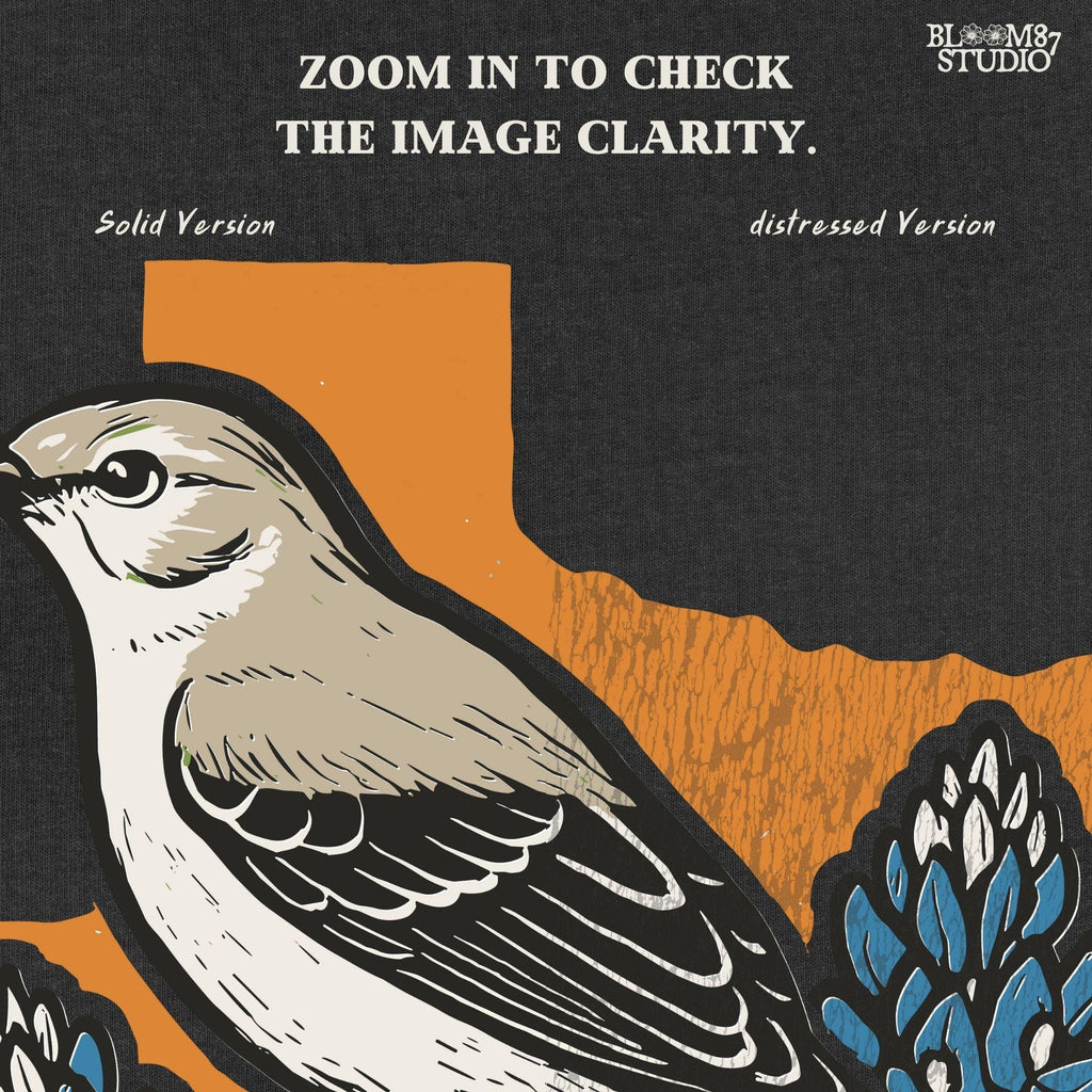 Illustration of a mockingbird on bluebonnets in front of Texas state outline with text “Pray for Texas Hill Country Strong,” designed for sublimation and awareness.